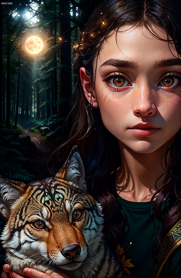 (close-up)), (1 teenager)) in rags with (1 wolf cub)) in the hands of a boy, (night), (full moon), masterpiece, high quality, solo focus, (total: 1.04), (red eyes:1.1), whole body, at a high angle, (perfect face: 1.1) complex (high detail: 1.1) body, closed navel, closed, eyes up, extremely detailed eyes and face, piercing gaze, big eyes, forest in the background, dense forest, butterflies, fireflies, nikon d850 4 kodak portra 400 camera f1.6 lens rich colors, hyperrealistic texture, dramatic unreal engine lighting is trending at Artstation Synestill 800