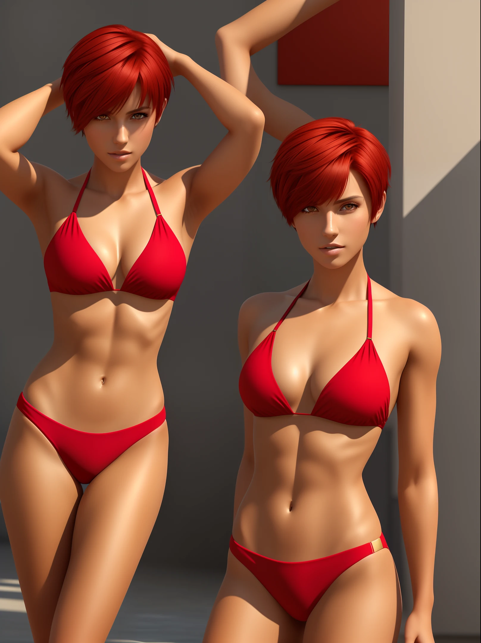 masterpiece, tomboy, short hair, red hair, tanned skin, muscles, golden eyes, handsome, full body portrait, high quality CG, 8k resolution, photo, bikini, cool, smooth skin, sexy, solo