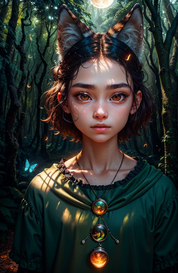 (close-up)), (1 teenager)) in rags with (1 wolf cub)) in the hands of a boy, (night), (full moon), masterpiece, high quality, solo focus, (total: 1.04), (red eyes:1.1), whole body, at a high angle, (perfect face: 1.1) complex (high detail: 1.1) body, closed navel, closed, eyes up, extremely detailed eyes and face, piercing gaze, big eyes, forest in the background, dense forest, butterflies, fireflies, nikon d850 4 kodak portra 400 camera f1.6 lens rich colors, hyperrealistic texture, dramatic unreal engine lighting is trending at Artstation Synestill 800