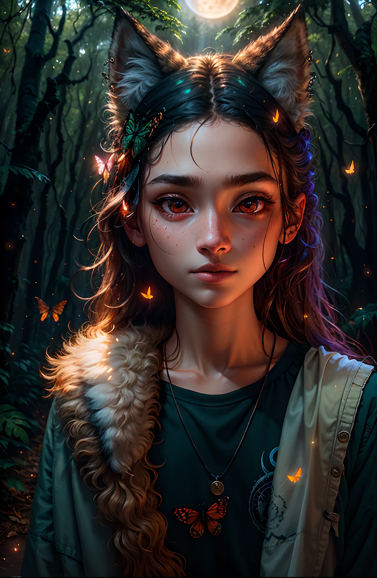 (close-up)), (1 teenager)) in rags with (1 wolf cub)) in the hands of a boy, (night), (full moon), masterpiece, high quality, solo focus, (total: 1.04), (red eyes:1.1), whole body, at a high angle, (perfect face: 1.1) complex (high detail: 1.1) body, closed navel, closed, eyes up, extremely detailed eyes and face, piercing gaze, big eyes, forest in the background, dense forest, butterflies, fireflies, nikon d850 4 kodak portra 400 camera f1.6 lens rich colors, hyperrealistic texture, dramatic unreal engine lighting is trending at Artstation Synestill 800