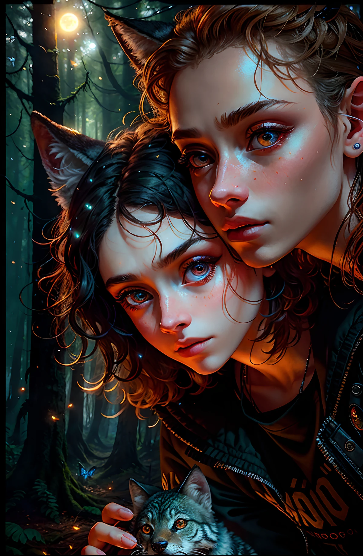 (close-up)), (1 teenager)) in rags with (1 wolf cub)) in the hands of a boy, (night), (full moon), masterpiece, high quality, solo focus, (total: 1.04), (red eyes:1.1), whole body, at a high angle, (perfect face: 1.1) complex (high detail: 1.1) body, closed navel, closed, eyes up, extremely detailed eyes and face, piercing gaze, big eyes, forest in the background, dense forest, butterflies, fireflies, nikon d850 4 kodak portra 400 camera, f1.6 lens, rich colors, hyperrealistic texture, dramatic unreal engine lighting is trending on Artstation Synestill 800