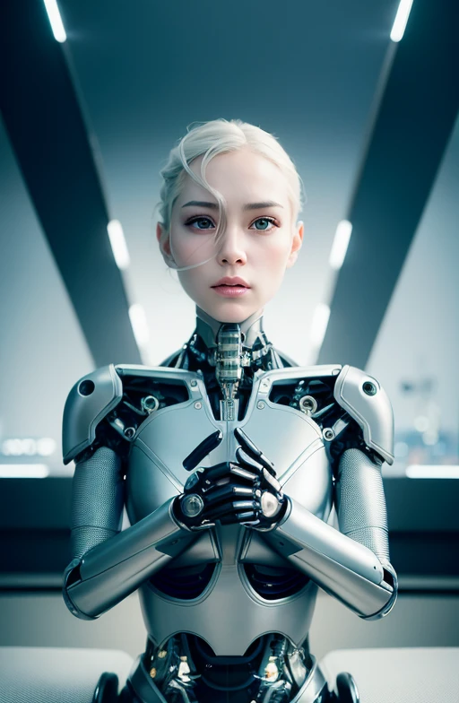 Complex 3d render ultra-detailed beautiful porcelain profile female android face, cyborg, robot parts, 150mm, beautiful studio soft lights, rim lights, vivid details, gorgeous cyberpunk, racing, surreal, anatomical , facial muscles, cable wires, microchip, elegant, beautiful background, octane rendering, HR Giger style, 8k, top quality, masterpiece, illustration, very delicate and beautiful, highly detailed, CG, uniform, wallpaper, ( Realistic, Photorealistic: 1.37), Awesome, Finely detailed, Masterpiece, Top quality, Official art, Highly detailed CG unity 8k wallpaper, Absurd, Incredibly absurd, Robot, Silver Halmet, Full body, Sitting