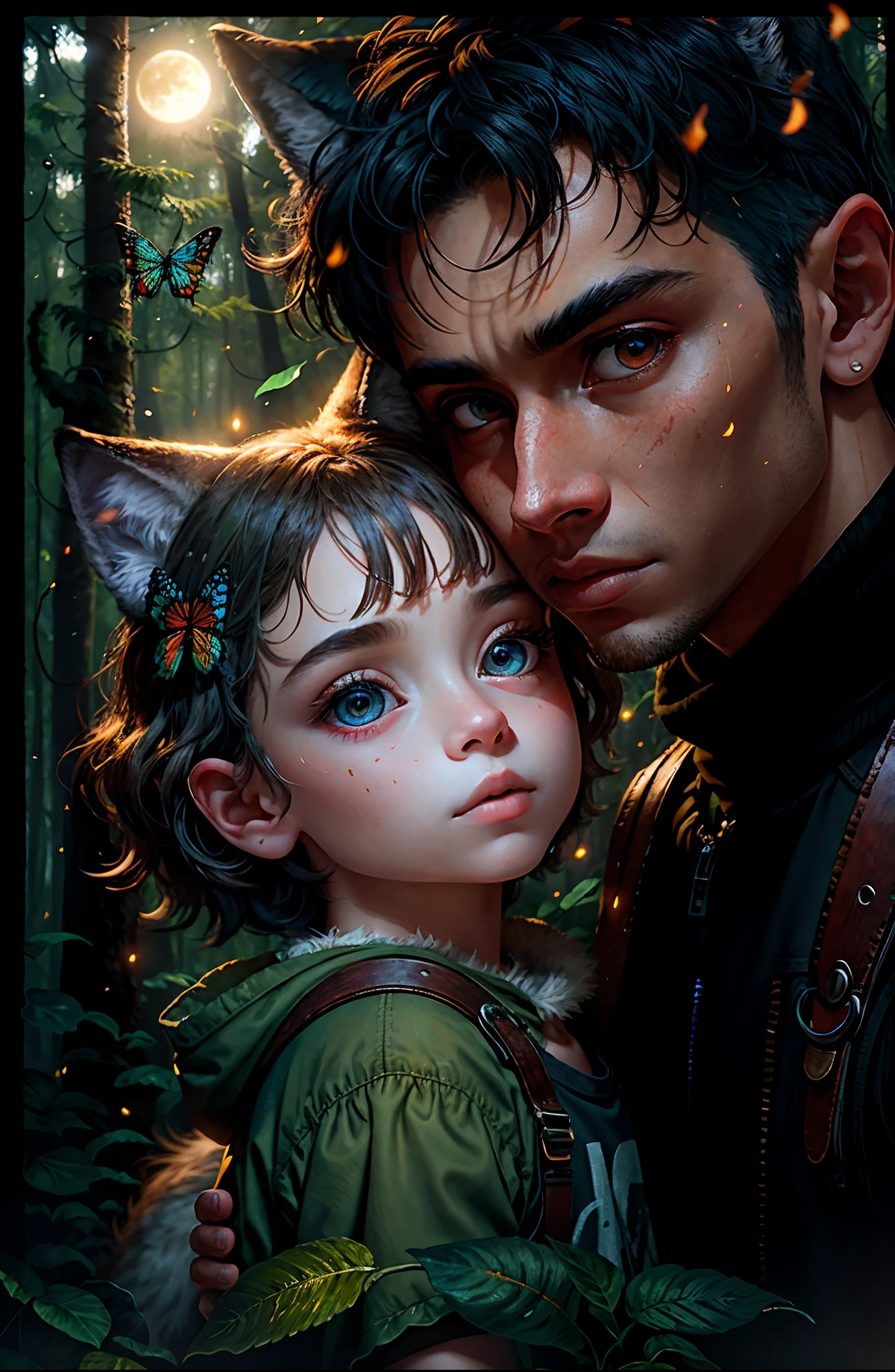 (close-up)), (1 teenager)) in rags with (1 wolf cub)) in the hands of a boy, (night), (full moon), masterpiece, high quality, solo focus, (total: 1.04), (red eyes:1.1), whole body, at a high angle, (perfect face: 1.1) complex (high detail: 1.1) body, closed navel, closed, eyes up, extremely detailed eyes and face, piercing gaze, big eyes, forest in the background, dense forest, butterflies, fireflies, nikon d850 4 kodak portra 400 camera, f1.6 lens, rich colors, hyperrealistic texture, dramatic unreal engine lighting is trending on Artstation Synestill 800