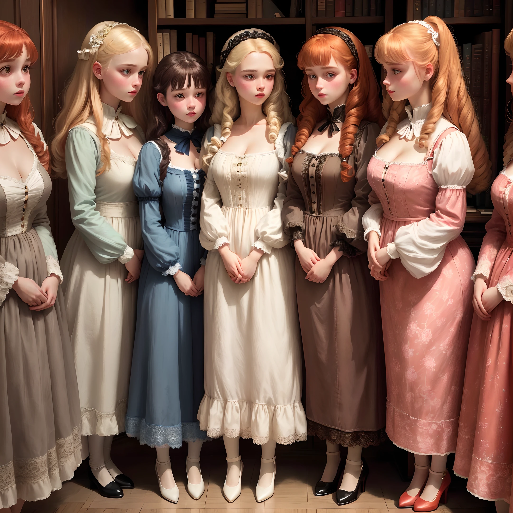 five human sized dolls looking like young women, lined up, on display against a bookcase full of books, in a mansion, cleavage, short skirts, wearing doll clothing, wearing doll makeup, fine details, realistic noses, beautiful eyes, realistic faces, blank expressions, looking straight ahead, blonde hair, brown hair, black hair, red hair, enchanting, soft lighting, hands at their sides