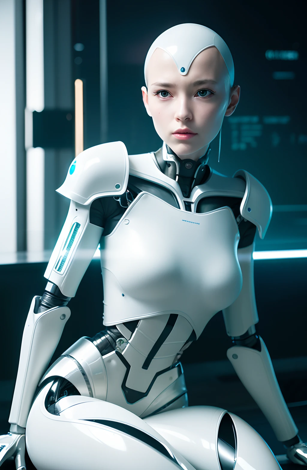 Complex 3d render ultra-detailed beautiful porcelain profile female android face, cyborg, robot parts, 150mm, beautiful studio soft lights, rim lights, vivid details, gorgeous cyberpunk, racing, surreal, anatomical , facial muscles, cable wires, microchip, elegant, beautiful background, octane rendering, HR Giger style, 8k, top quality, masterpiece, illustration, very delicate and beautiful, highly detailed, CG, uniform, wallpaper, ( Realistic, Photorealistic: 1.37), Awesome, Finely detailed, Masterpiece, Top quality, Official art, Highly detailed CG unity 8k wallpaper, Absurd, Incredibly absurd, Robot, Silver Halmet, Full body, Sitting