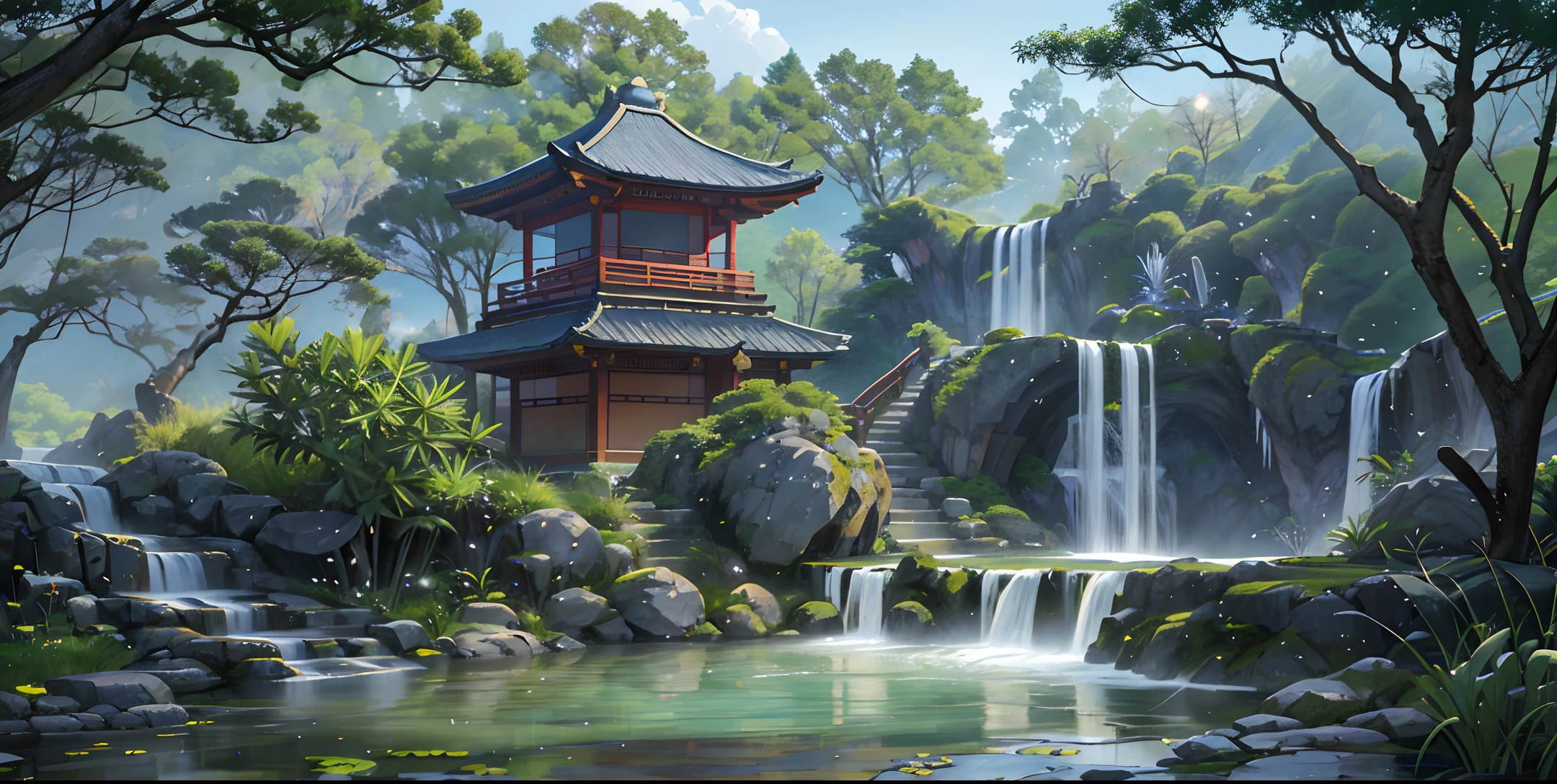 Ancient Chinese architecture, (midnight), bamboo, lake, stone bridge, arch, corner, rockery, tree, flowing water, landscape, outdoor, waterfall, meadow, rock, water lily, steam, lotus, hot springs, water vapor, epic composition, realistic lighting, high-definition detail, masterpiece, best quality, (very detailed CG unified 8k wallpaper)