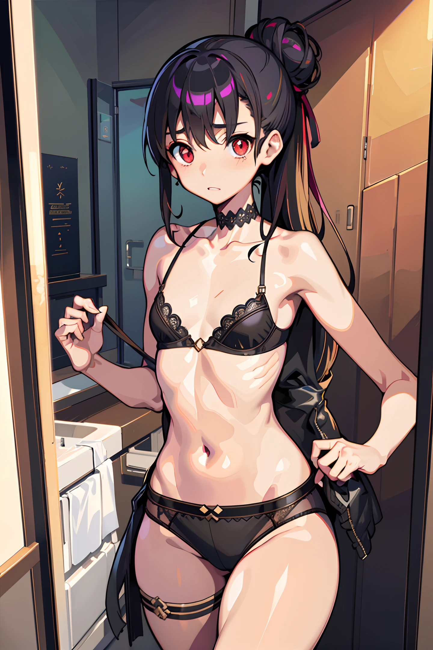 Mediterranean Girl, (clear eyes), (detailed iris), (surprised), (blushing), (aroused), mirror, wartorn bathroom, (naked chest), (exposed chest), (black underwear), (black bras), (dark hair), (messy bun), (vibrant eyes), (red eyes), (tonned skin), (subtle tan), (olive skin), (delicate features), (thin bra), (small chest), (large hips), (black panties), (thick thighs), (thin waist). Tatsuya Endo, Greg Rutkowski, Pixiv, Artstation