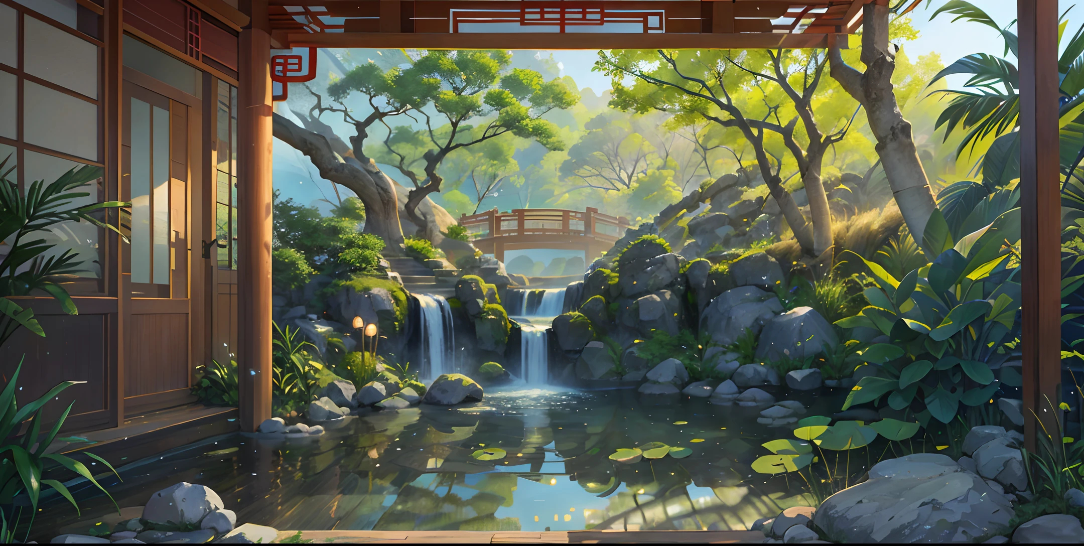 Ancient Chinese architecture, bamboo, lake, stone bridge, arch, corner, rockery, tree, flowing water, landscape, outdoor, waterfall, meadow, rock, water lily, stream, lotus, hot springs, fog, epic composition, realistic lighting, high-definition detail, masterpiece, the best quality, (very detailed CG unified 8k wallpaper), (very detailed CG unified 8k wallpaper)