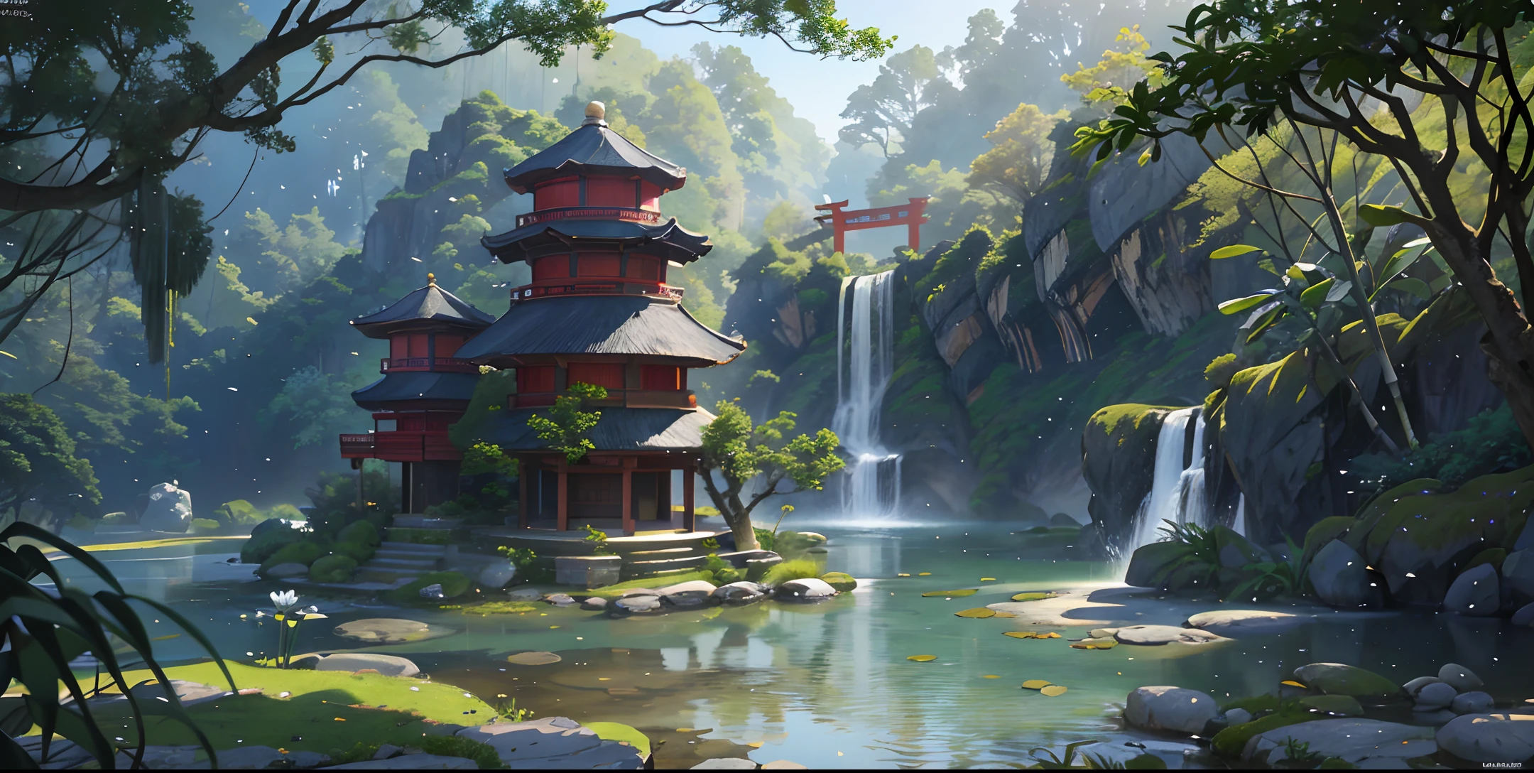 Ancient Chinese architecture, bamboo, lake, stone bridge, arch, corner, rockery, tree, flowing water, landscape, outdoor, waterfall, meadow, rock, water lily, stream, lotus, hot springs, fog, epic composition, realistic lighting, high-definition detail, masterpiece, the best quality, (very detailed CG unified 8k wallpaper), (very detailed CG unified 8k wallpaper)
