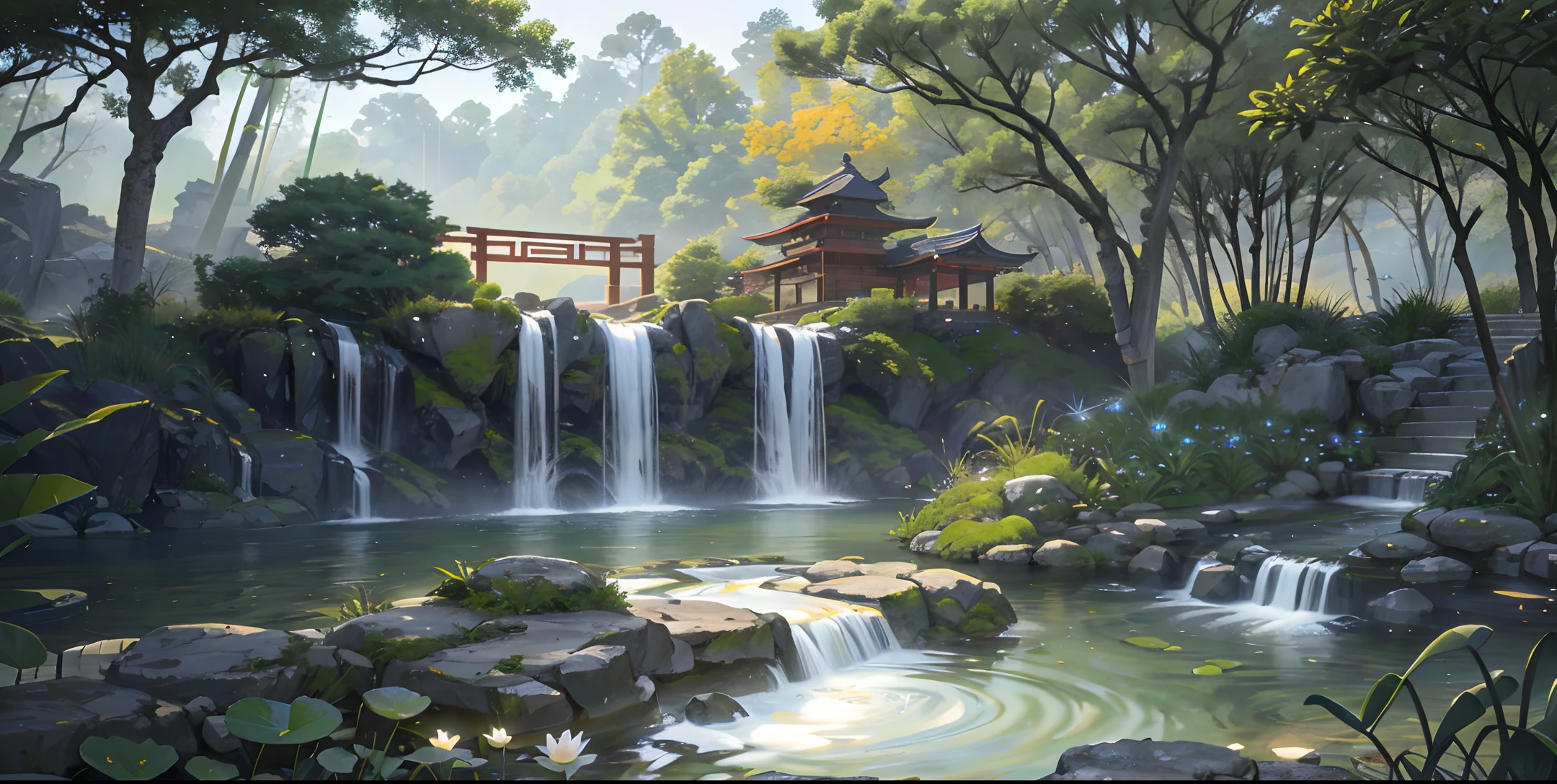 Ancient Chinese architecture, bamboo, lake, stone bridge, arch, corner, rockery, tree, flowing water, landscape, outdoor, waterfall, meadow, rock, water lily, stream, lotus, hot springs, fog, epic composition, realistic lighting, high-definition detail, masterpiece, the best quality, (very detailed CG unified 8k wallpaper), (very detailed CG unified 8k wallpaper)