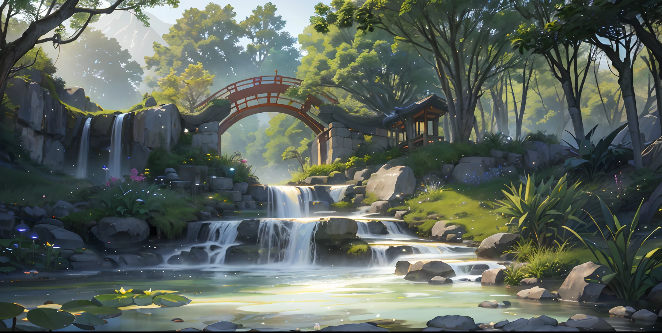 Ancient Chinese architecture, bamboo, lake, stone bridge, arch, corner, rockery, tree, flowing water, landscape, outdoor, waterfall, meadow, rock, water lily, stream, lotus, hot springs, fog, epic composition, realistic lighting, high-definition detail, masterpiece, the best quality, (very detailed CG unified 8k wallpaper), (very detailed CG unified 8k wallpaper), (very detailed CG unified 8k wallpaper), (best quality))