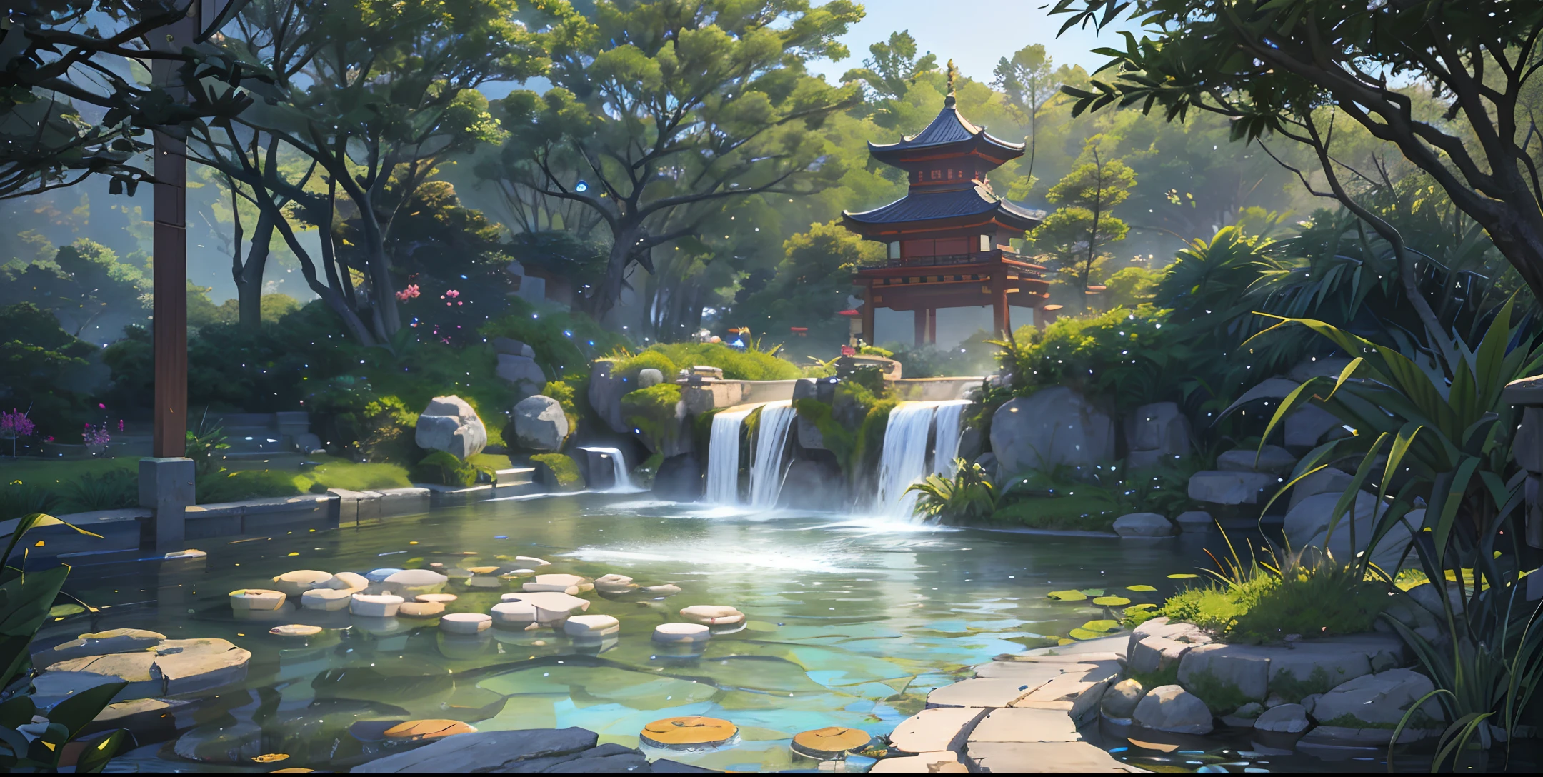 Ancient Chinese architecture, midnight, bamboo, lake, stone bridge, arch, corner, rockery, tree, flowing water, landscape, outdoor, waterfall, meadow, rock, water lily, stream, lotus, hot springs, water vapor, (Illustration: 1.0), epic composition, realistic lighting, HD detail, masterpiece, best quality, (very detailed CG unified 8k wallpaper), (very detailed CG unified 8k wallpaper), (very detailed CG unified 8k wallpaper), (very detailed CG unified 8k wallpaper), (best quality))