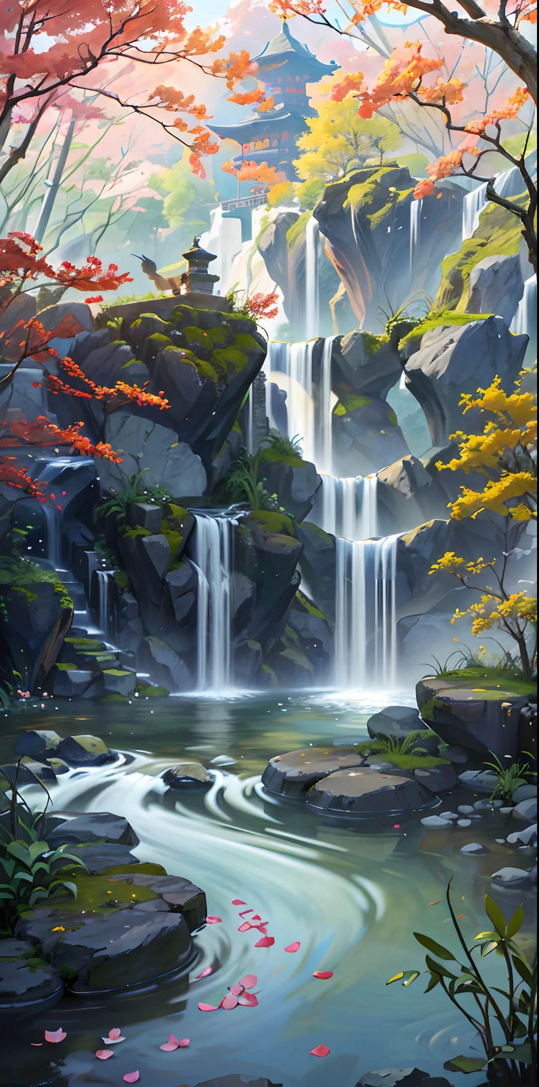 Ancient Chinese architecture, autumn, bamboo, lake, stone bridge, rockery, arch, corner, tree, tap water, landscape, waterfall, meadow, rock, water lily, hot springs, water vapor, (illustration: 1.0), epic composition, realistic lighting, high-definition detail, masterpiece, best quality, (very detailed CG unified 8k wallpaper)