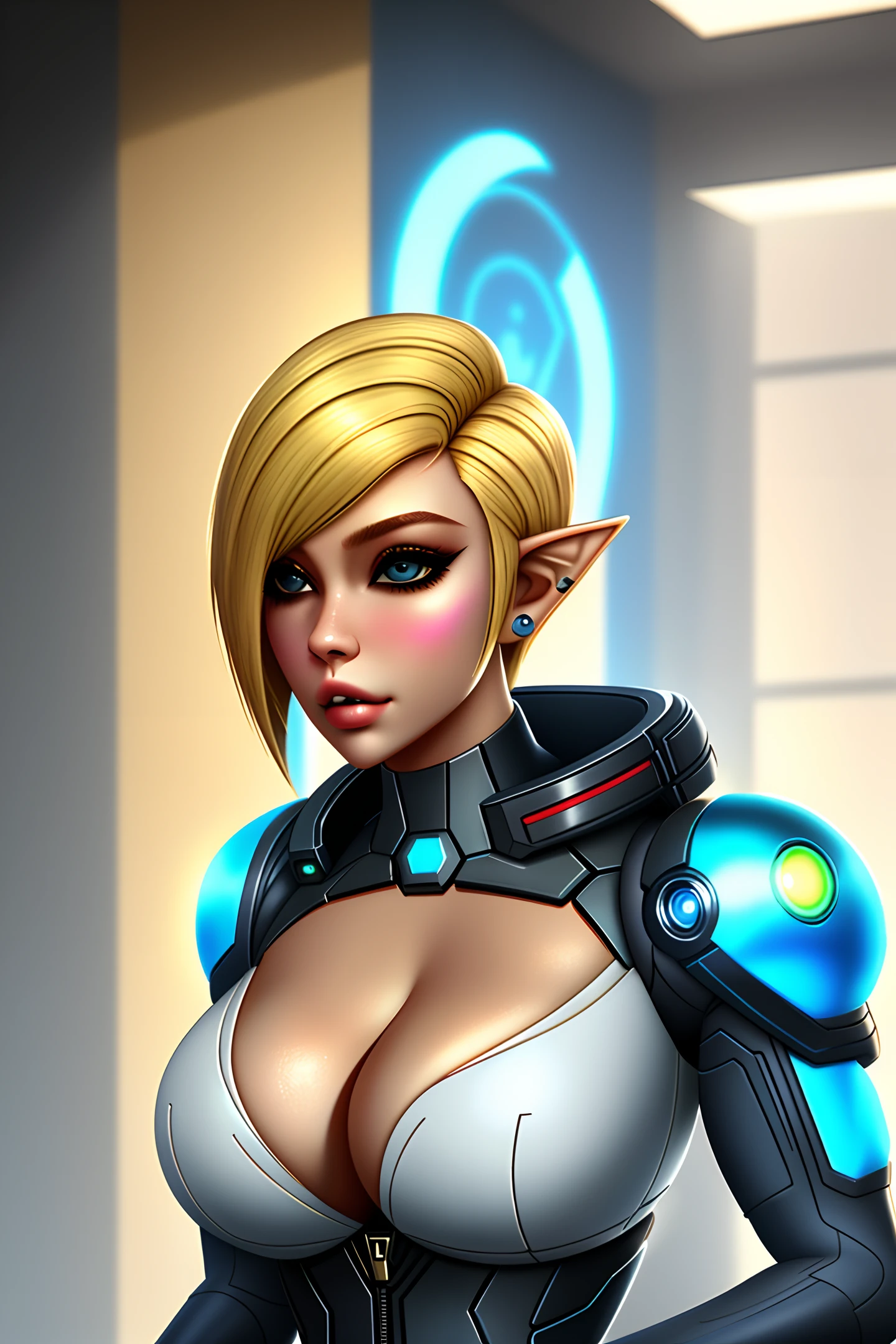 Portrait, blonde hair, short hair, (female), elf, (cyberpunk), freckles, blue Jacket, piercings, (Samus), cleavage, ((high quality)), sexy