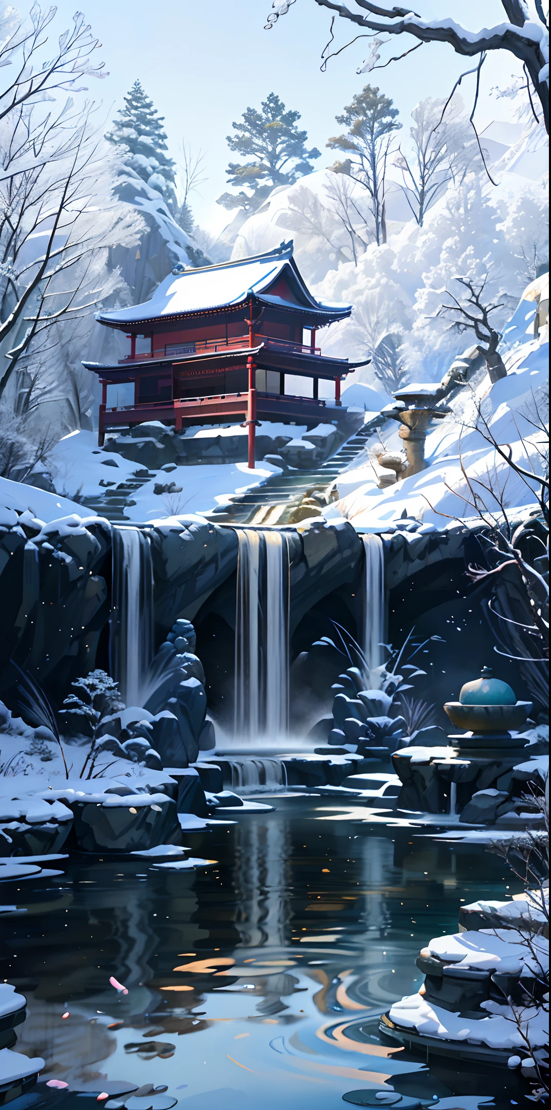 Ancient Chinese architecture, winter, bamboo, lake, stone bridge, rockery, arch, corner, tree, tap water, landscape, waterfall, meadow, rock, water lily, hot springs, water vapor, (illustration: 1.0), epic composition, realistic lighting, high-definition detail, masterpiece, best quality, (very detailed CG unified 8k wallpaper)