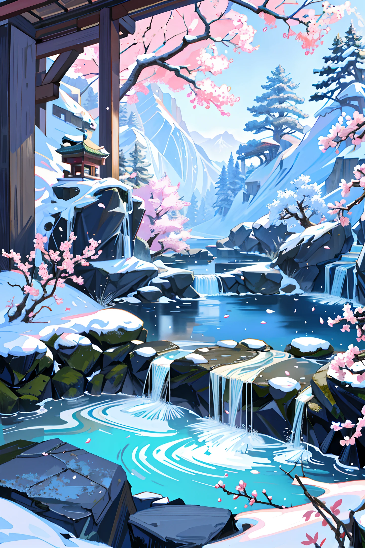 Ancient Chinese architecture, winter, plum blossoms, bamboo, lake, stone bridge, rockery, arch, corner, tree, tap water, landscape, waterfall, meadow, rock, water lily, hot springs, water vapor, (illustration: 1.0), epic composition, realistic lighting, high-definition details, masterpiece, best quality, (very detailed CG unified 8k wallpaper)