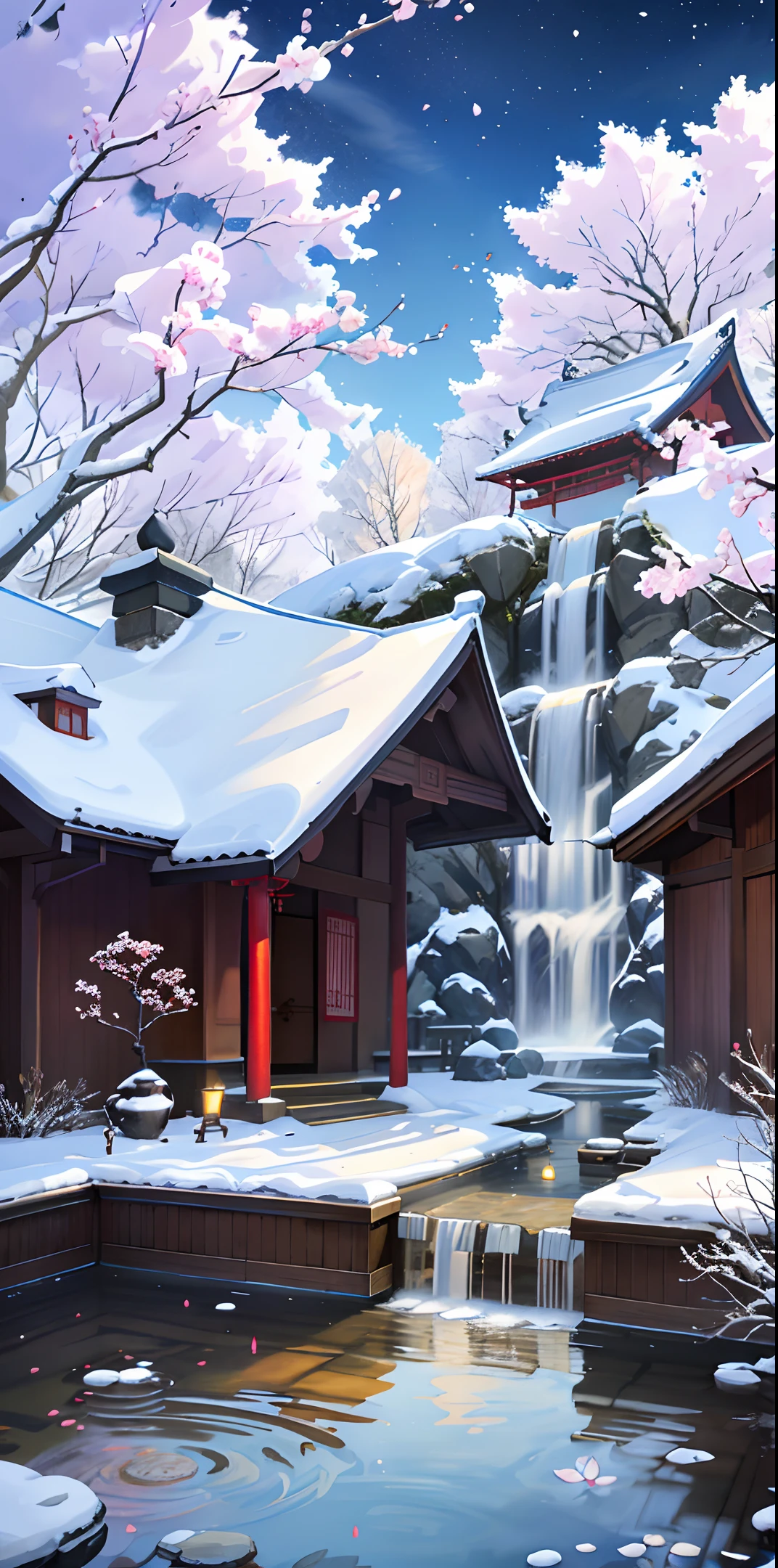 Ancient Chinese architecture, winter, plum blossoms, bamboo, lake, stone bridge, rockery, arch, corner, tree, tap water, landscape, waterfall, meadow, rock, water lily, hot springs, water vapor, (illustration: 1.0), epic composition, realistic lighting, high-definition details, masterpiece, best quality, (very detailed CG unified 8k wallpaper)