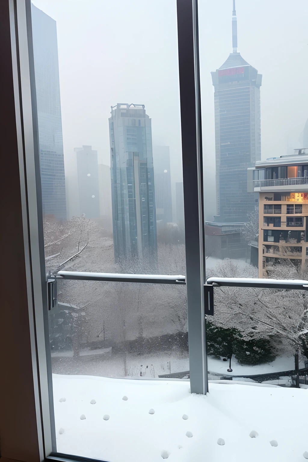 Outside the window are the Chengdu Twin Towers, with snowflakes floating in the afternoon