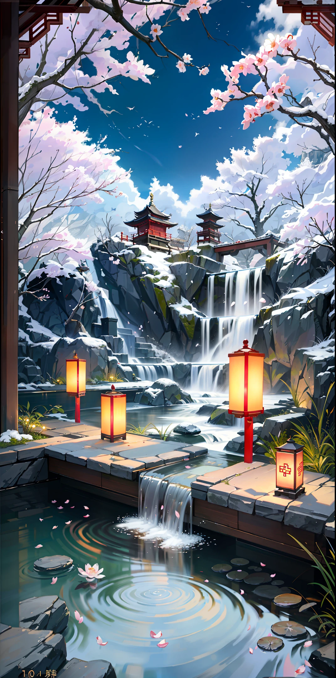 Ancient Chinese architecture, winter, plum blossoms, bamboo, lake, stone bridge, rockery, arch, corner, tree, tap water, landscape, waterfall, meadow, rock, water lily, hot springs, water vapor, (illustration: 1.0), epic composition, realistic lighting, high-definition detail, masterpiece, best quality, (very detailed CG unified 8k wallpaper)