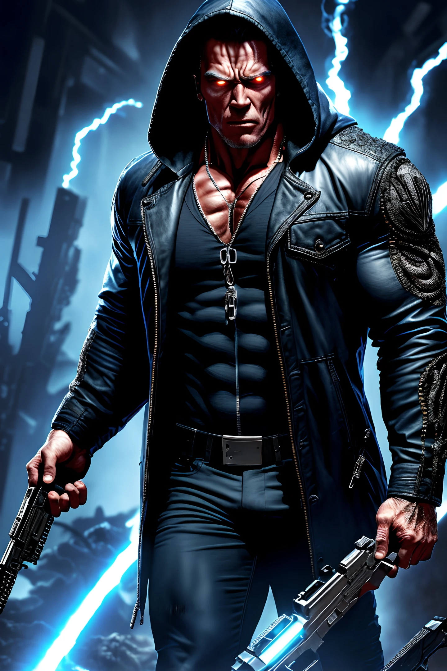 (extremely detailed 8k wallpaper),a medium shot photo of a fearful necromancer, intricate, high detail, dramatic, Arnold Schwarzenegger in Terminator,hooded shirt, gun,blue eyes.commando, vampire .