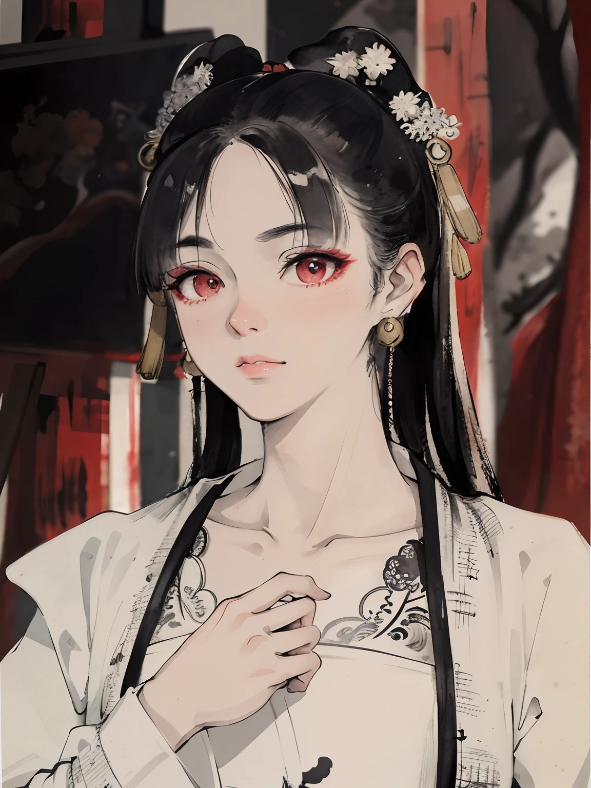 ancient chinese clothing,best_quality,original_outfit,Costume,clear details,masterpiece, best_quality, clear details,1girl,(traditional chinese ink painting),detailed skin texture,detailed cloth texture, beautiful detailed face, ultra detailed,photorealsim