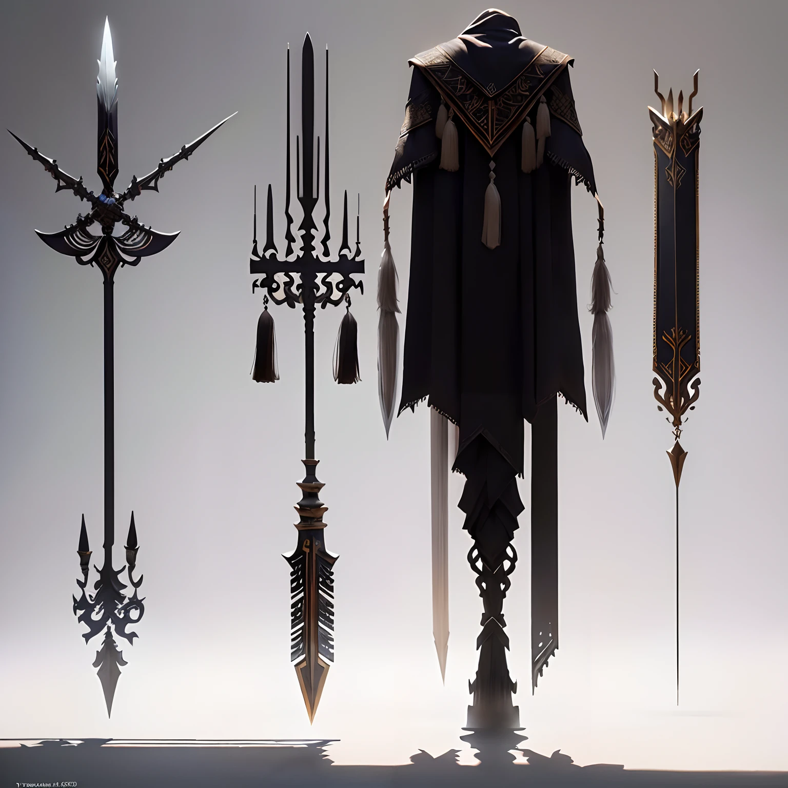Weapon design tables, concept art, ((Spear)), tassels, bone decoration, ((film)), (subtle lighting), (perfect shadows), (gorgeous), (perfect proportions), (intricate details)
