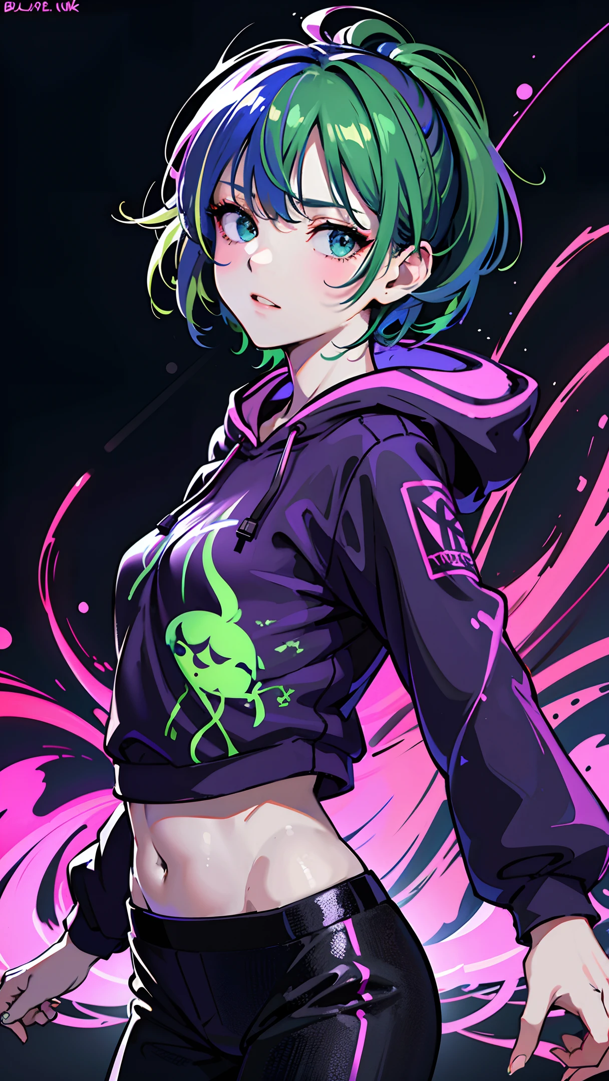 (masterpiece, best quality:1.2), realistic, 50mm portrait, absurd, bloom, glow, high contrast, depth of field, dynamic lighting, night, darkness, neon, 1girl, solo, cute, slender, small breasts, delicate facial features, Hip-Hop, green hair, purple hoodie, short pants, splash paint, graffiti on the wall, blacklight