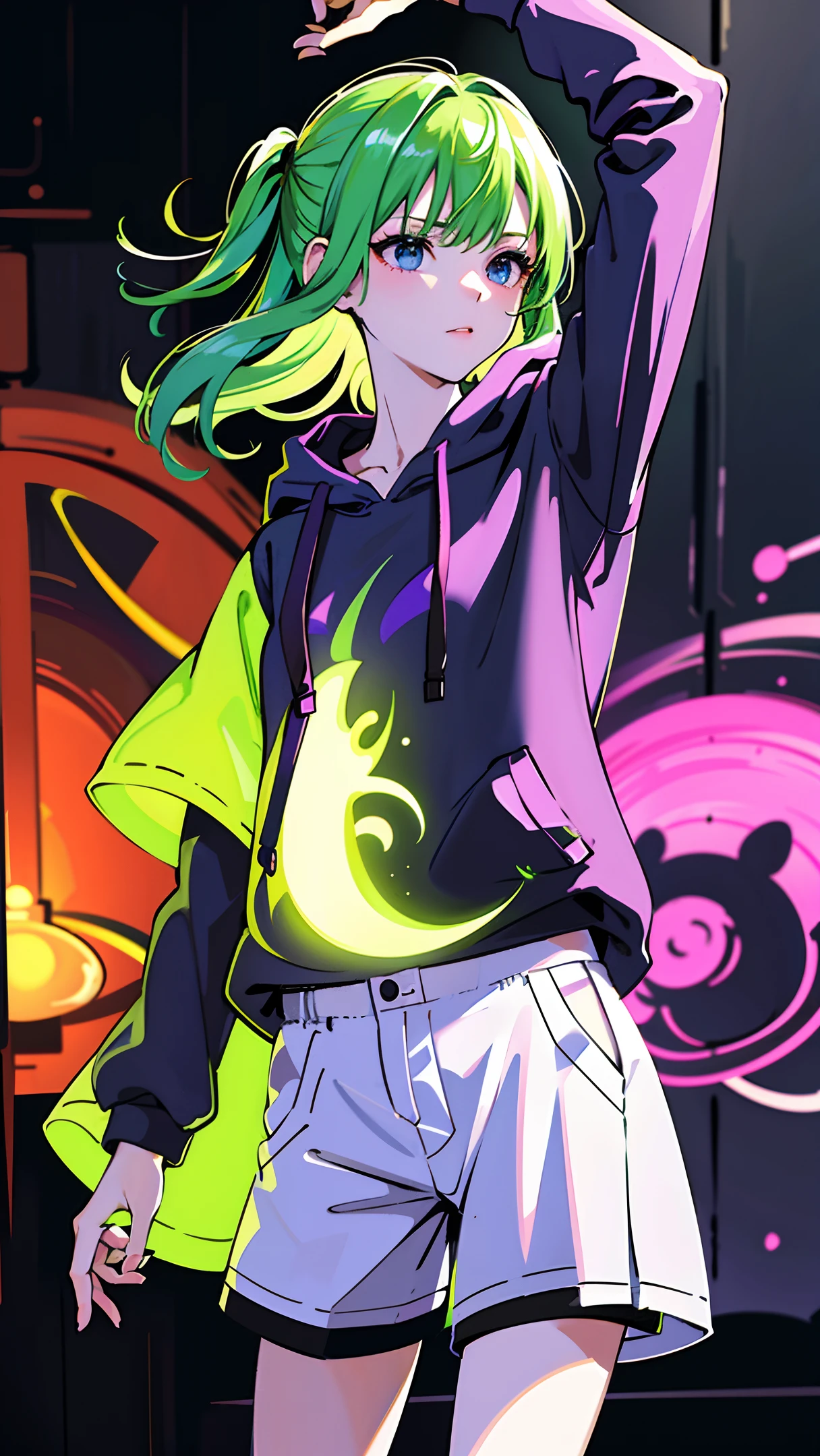 (masterpiece, best quality:1.2), realistic, 50mm portrait, absurd, bloom, glow, high contrast, depth of field, dynamic lighting, night, darkness, neon, 1girl, solo, cute, slender, small breasts, delicate facial features, Hip-Hop, green hair, purple hoodie, short pants, splash paint, graffiti on the wall, blacklight