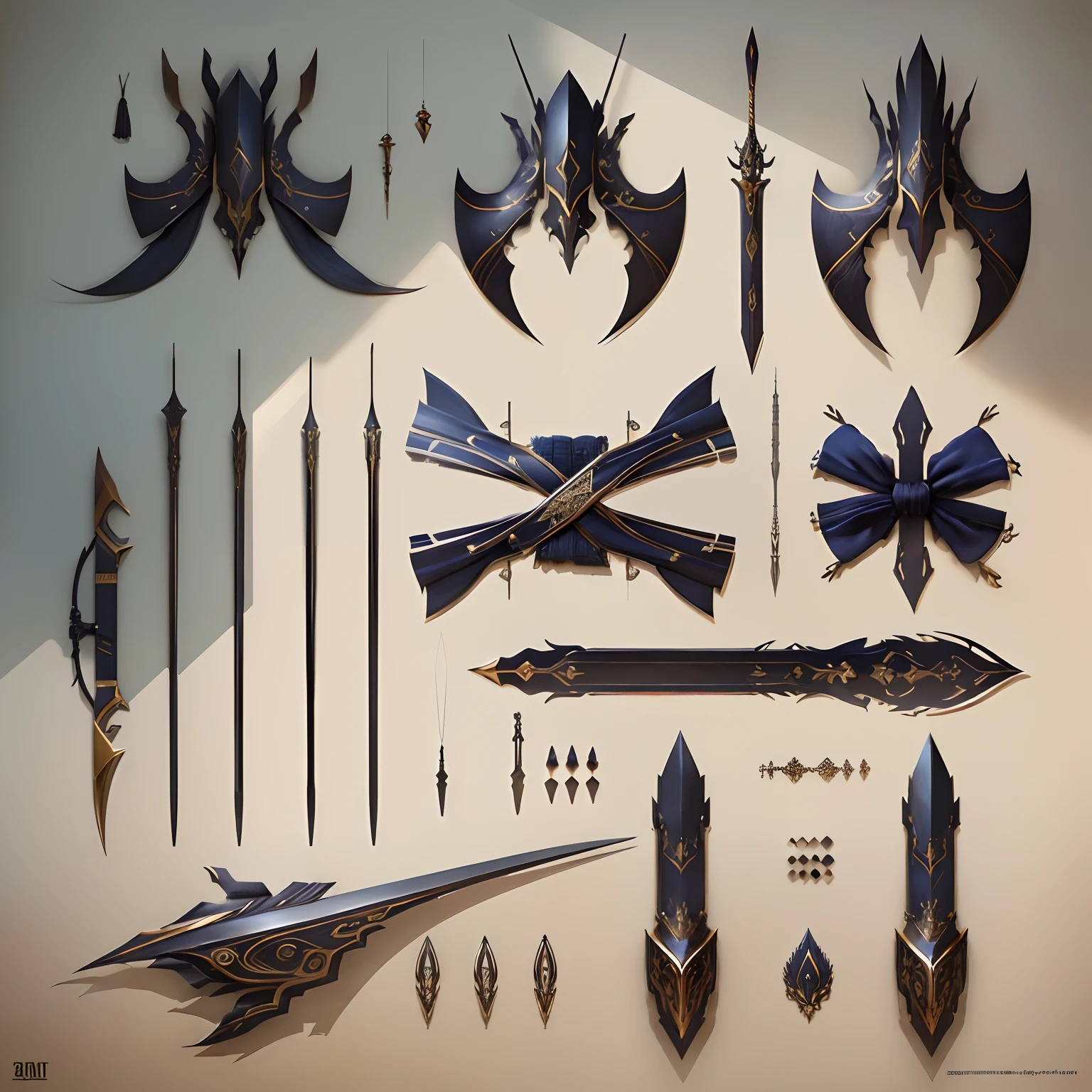 Weapon design tables, concept art, ((bow)), ((film)), (subtle lighting), (perfect shadows), (gorgeous), (perfect proportions), (intricate details)