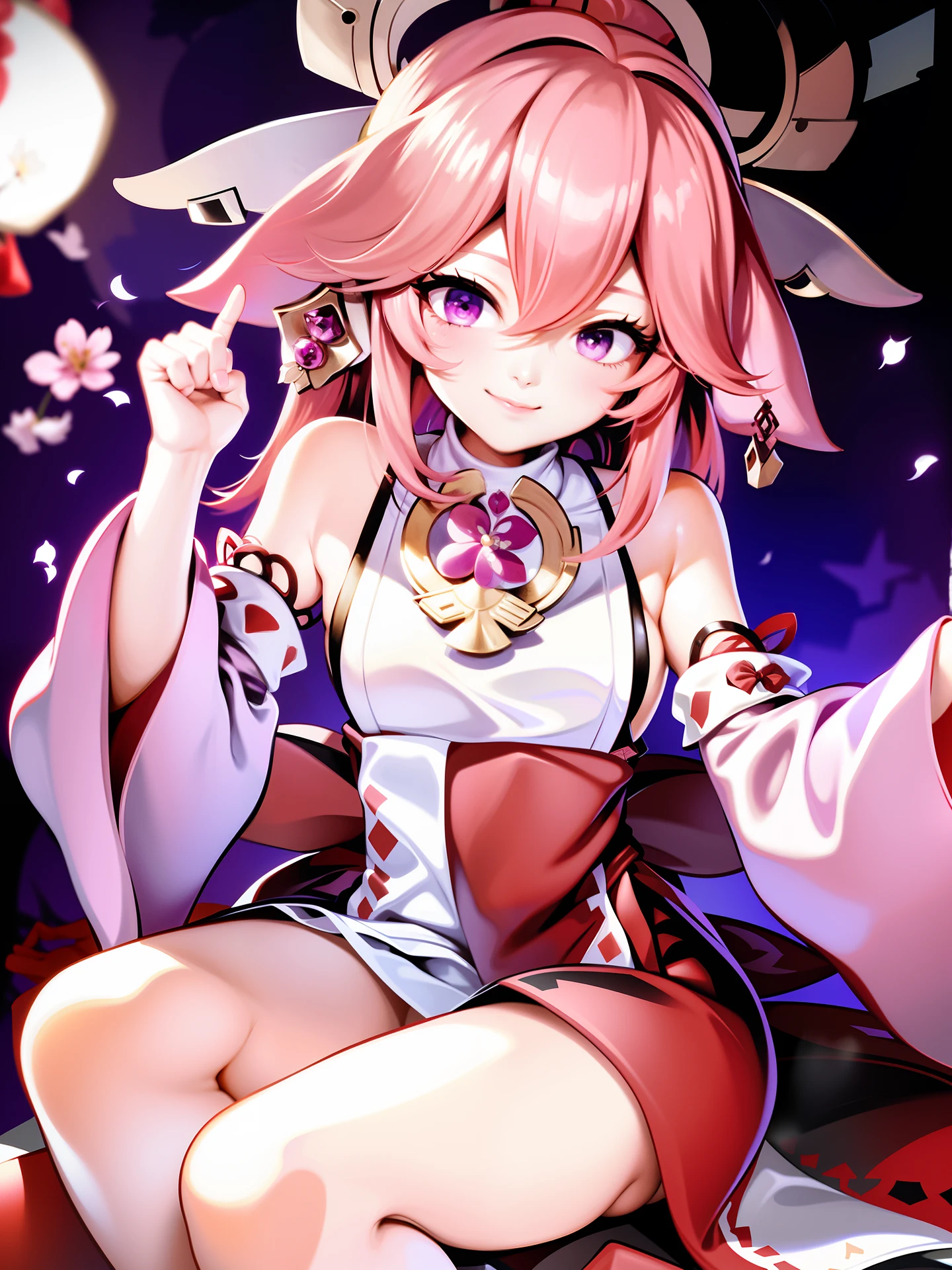 1 girl, (ulzzang- 6500:0.7), kpop idol, yae miko, single sleeve, bare shoulder, pink hair, long hair, japanese clothes, best quality, (drawings: 1.5), (hair accessories:1.35), jewelry, purple eyes, earrings, chest, torii, cherry blossom, lamp light, depth of field, face detail, face focus, ribbon, ribbon butt bon_trim (view: 1.25), non-traditional miko, glossy skin, long sleeves, smile, thick lips, game cg, hand on lips, east asian architecture, (blurred background:1.2), sitting, upper body,