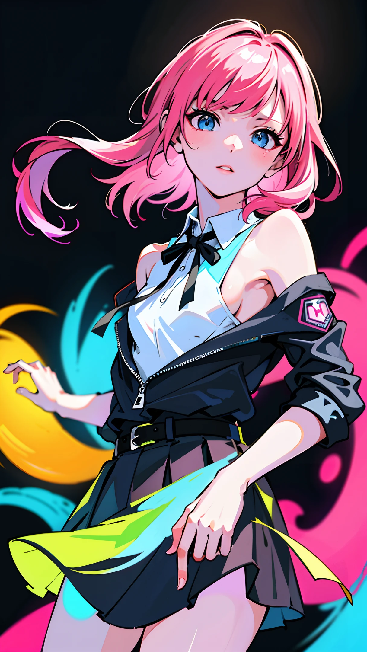 (masterpiece, best quality:1.2), realistic, 50mm portrait, absurd, ((bloom, glow, neon)), high contrast, depth of field, dynamic lighting, night, darkness, 1girl, solo, cute, slender, small breasts, delicate facial features, Hip-Hop, pink hair, black shoulder strap, cyan skirt, cyan eyes, splash paint, graffiti on the wall