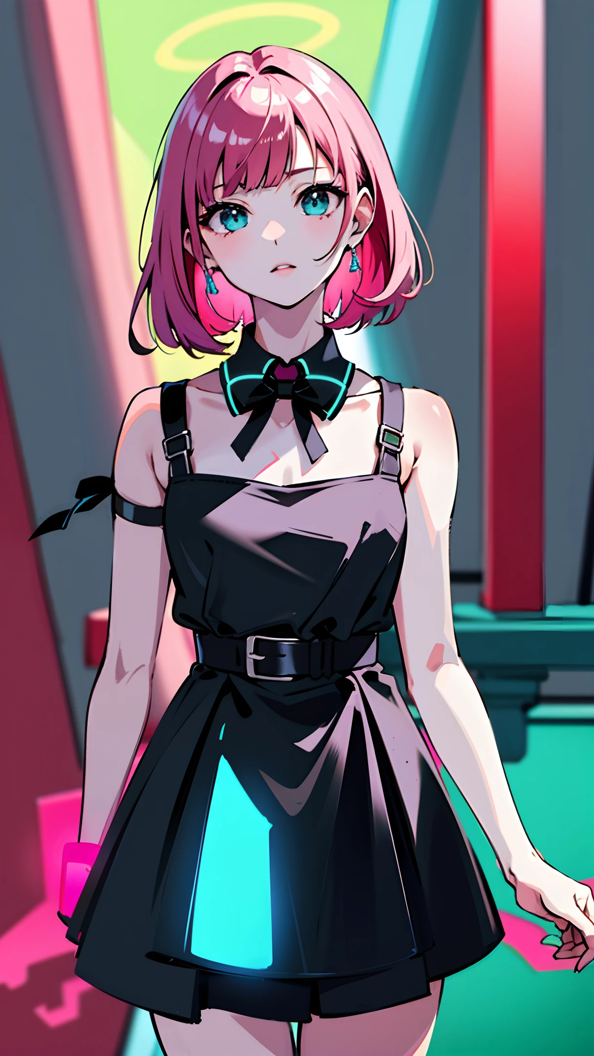 (masterpiece, best quality:1.2), realistic, 50mm portrait, absurd, ((bloom, glow, neon)), high contrast, depth of field, dynamic lighting, night, darkness, 1girl, solo, cute, slender, small breasts, delicate facial features, Hip-Hop, pink hair, black shoulder strap, cyan skirt, cyan eyes, splash paint, graffiti on the wall