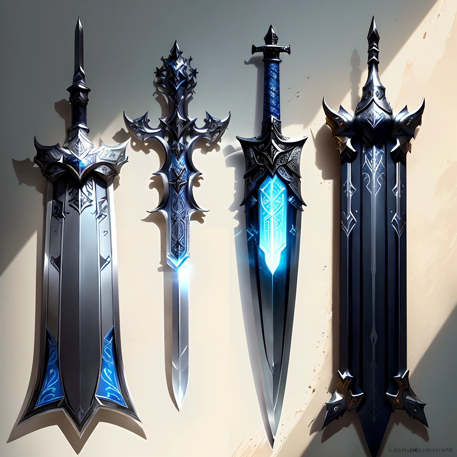 Weapon design tables, concept art, ((Great sword)), silver decoration, totem, ((film)), (subtle lighting), (perfect shadows), (gorgeous), (perfect proportions), (intricate details)