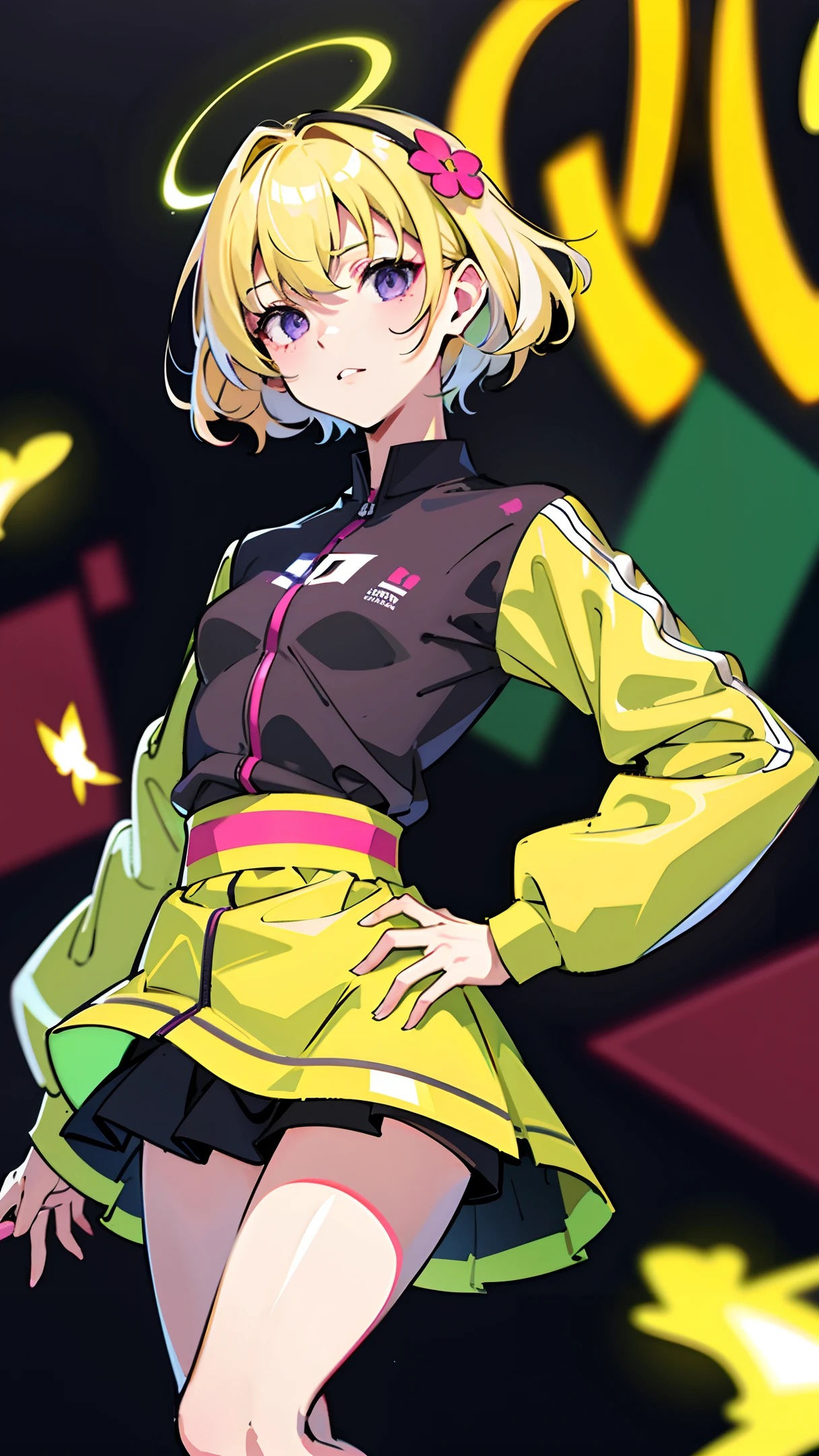 (masterpiece, best quality:1.2), realistic, 50mm portrait, absurd, ((bloom, glow, neon)), high contrast, depth of field, dynamic lighting, night, darkness, 1girl, solo, cute, slender, small breasts, delicate facial features, Hip-Hop, blonde short hair, fluorescent yellow stadium jacket, purple mini skirt, purple eyes, splash paint, graffiti on the wall