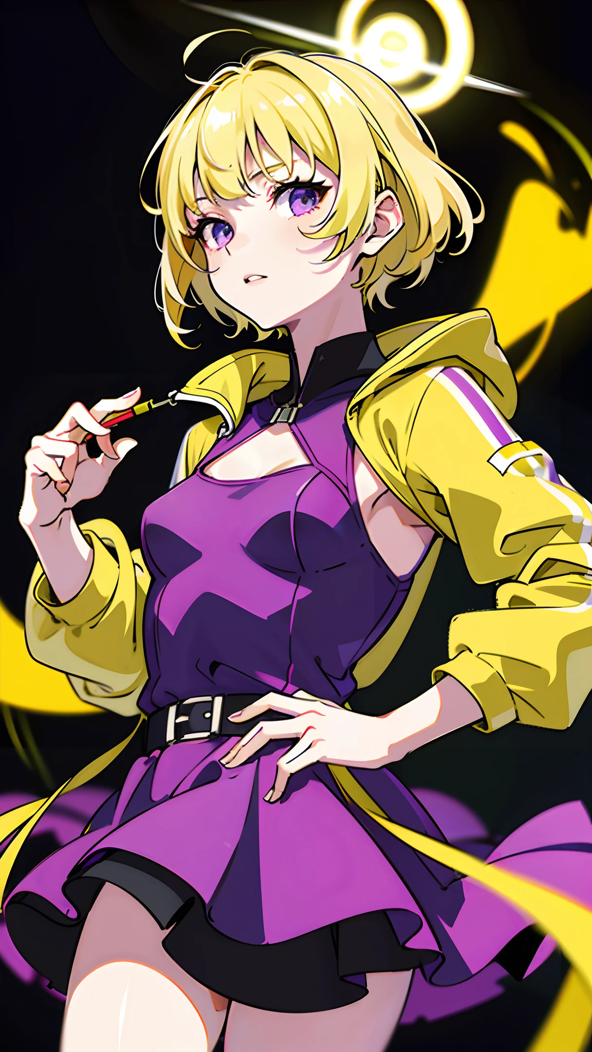 (masterpiece, best quality:1.2), realistic, 50mm portrait, absurd, ((bloom, glow, neon)), high contrast, depth of field, dynamic lighting, night, darkness, 1girl, solo, cute, slender, small breasts, delicate facial features, Hip-Hop, blonde short hair, fluorescent yellow stadium jacket, purple long skirt, purple eyes, splash paint, graffiti on the wall