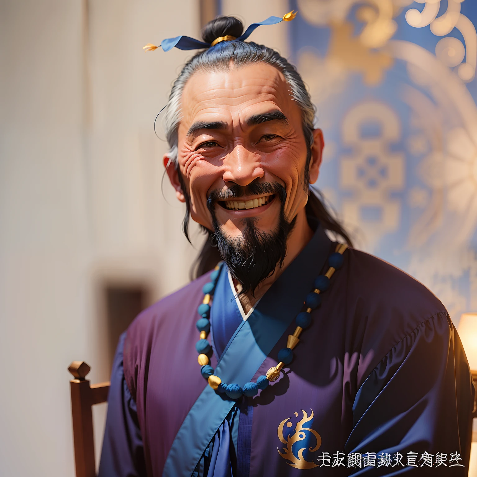 A middle-aged Taoist in a blue dress with a long beard, black hair, open eyes, and a smile on his face.