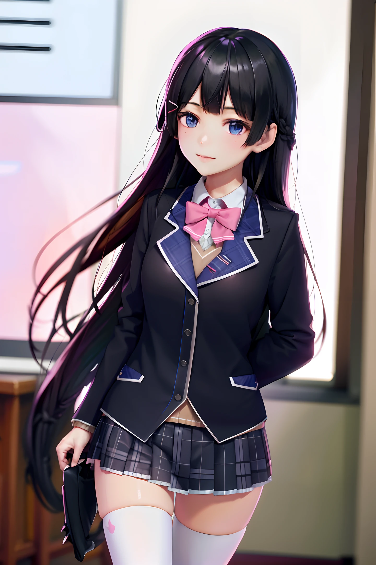 1girl, solo, tsukino mito, long hair, virtual youtuber, skirt, thighhighs, black hair, jacket, bow, blazer, black jacket, hairclip, hair ornament, white thighhighs, bangs, braid, pleated skirt, pink bow, school uniform, bowtie, very long hair, long sleeves, shirt, collared shirt, white shirt, blue eyes, pink bowtie, plaid skirt, plaid, black skirt, miniskirt, standing,  outdoors, street,