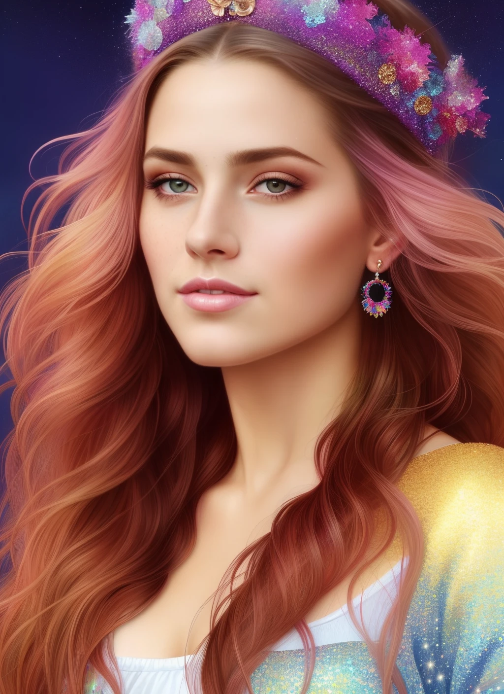 photorealistic painting ((full body)) portrait of ((stunningly attractive)) a ???? woman with ???????????? at a music festival, ((perfect feminine face)), (+long colorful wavy hair), (+glitter freckles), glitter, wearing a dress, intricate, 8k, highly detailed, volumetric lighting, digital painting, intense, sharp focus, art by artgerm and rutkowski and alphonse mucha, cgsociety