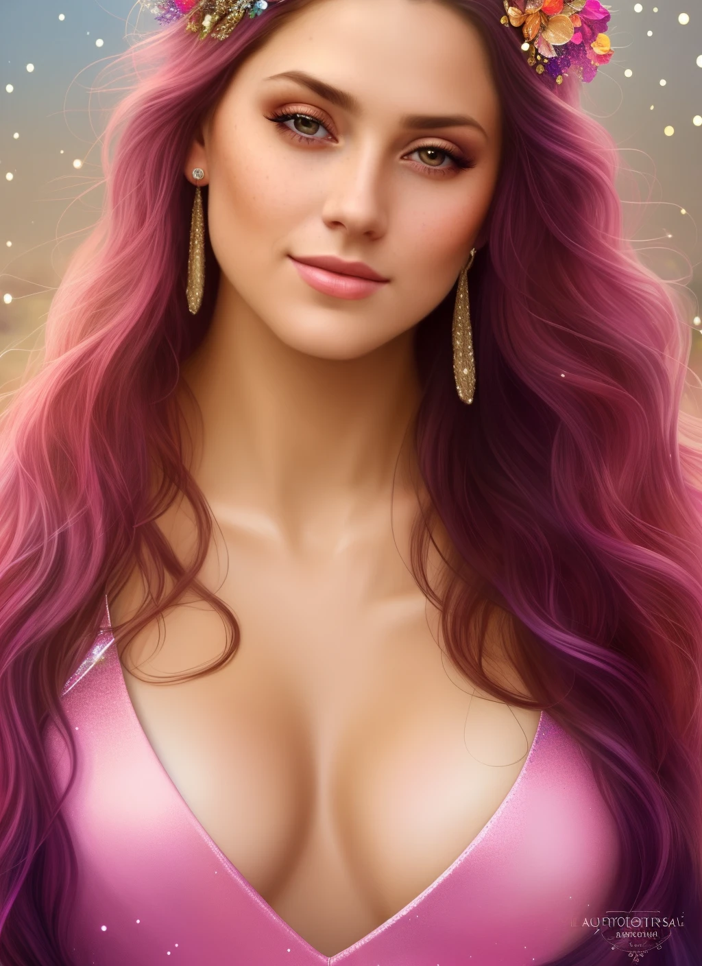 photorealistic painting ((full body)) portrait of ((stunningly attractive)) a sexy woman with huge breasts at a music festival, ((perfect feminine face)), (+long colorful wavy hair), (+glitter freckles), glitter, wearing a dress, intricate, 8k, highly detailed, volumetric lighting, digital painting, intense, sharp focus, art by artgerm and rutkowski and alphonse mucha, cgsociety