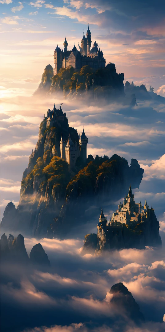 Ultra-realistic 8k natural Earth position art with castles and magical effects, including dragons and original non-cartoons, ultra-rich details, masterpieces, a view of an airplane flying over a misty sky, a photograph of Alexander Bogan, popular on Unsplash, surrealism, a sunset in the clouds, a heavenly atmosphere, calm clouds, glowing clouds, breathtaking clouds