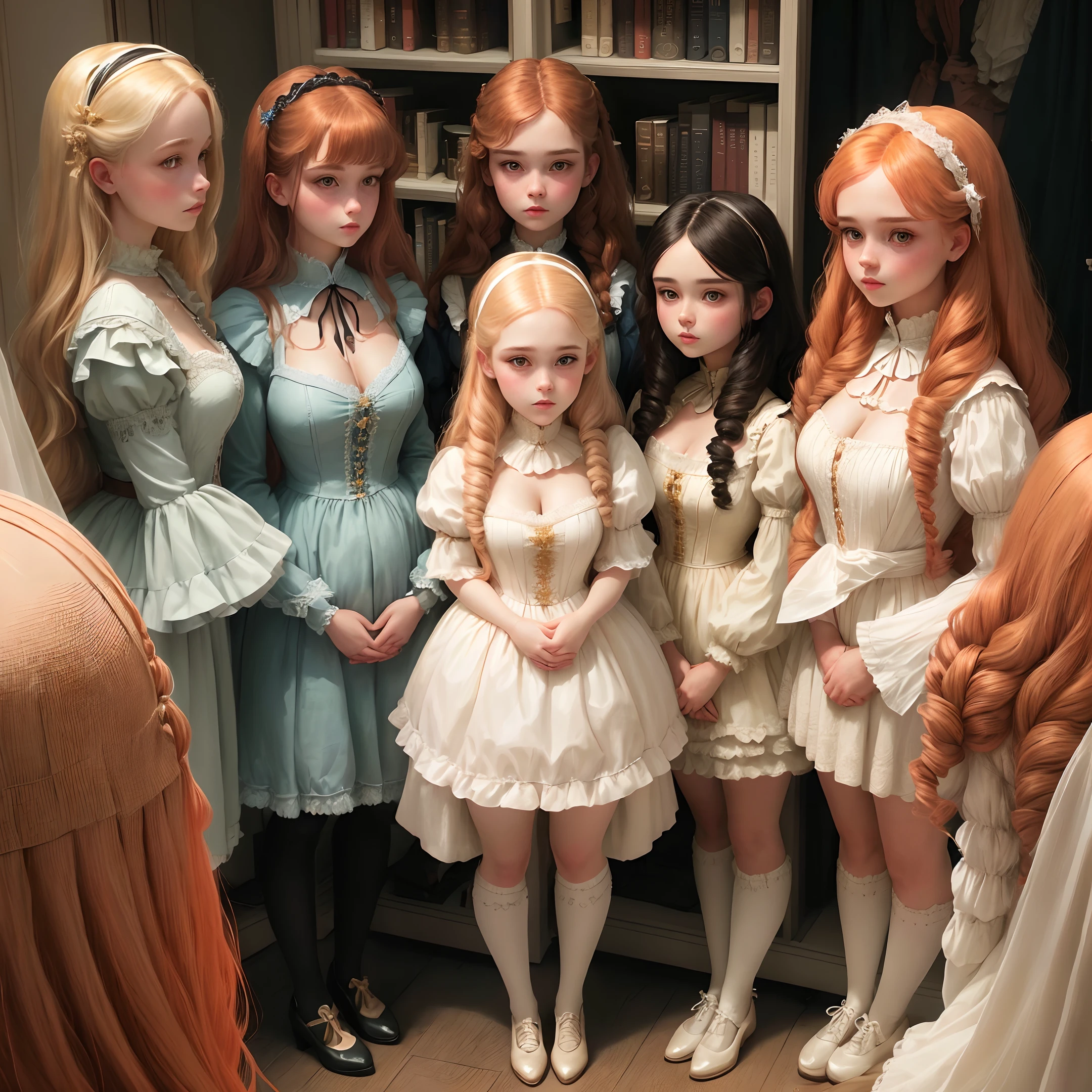 five human sized dolls looking like young women, lined up, on display against a bookcase full of books, in a mansion, cleavage, short skirts, wearing doll clothing, wearing doll makeup, fine details, realistic noses, beautiful eyes, realistic faces, blank expressions, looking straight ahead, blonde hair, brown hair, black hair, red hair, enchanting, soft lighting, hands at their sides