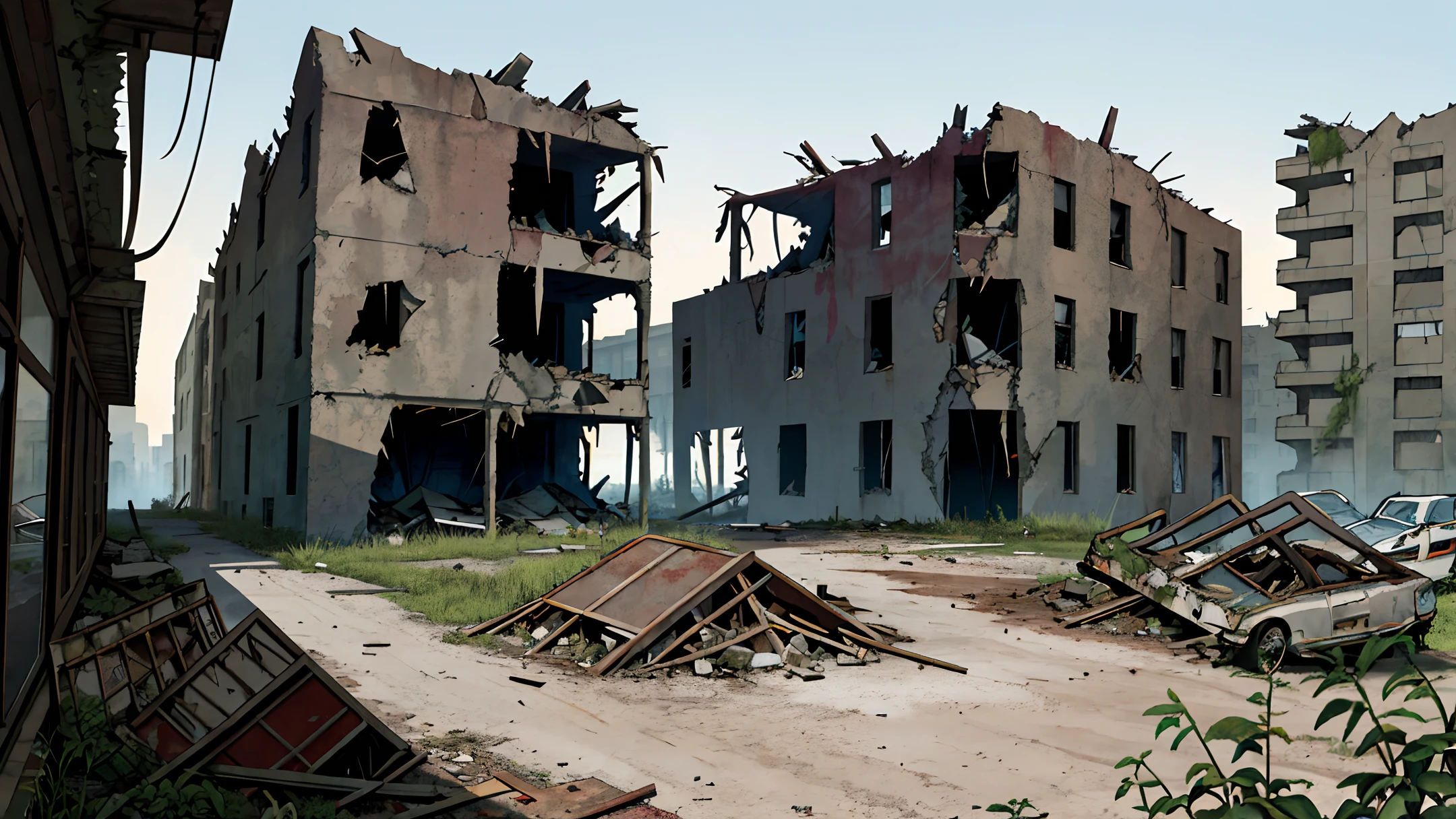 masterpiece, realistic, ultra detailed, absurdres, dynamic lighting, post-apocalypse, overgrown, no humans, building, collapse, dusty, asphalt, ruins, 50mm