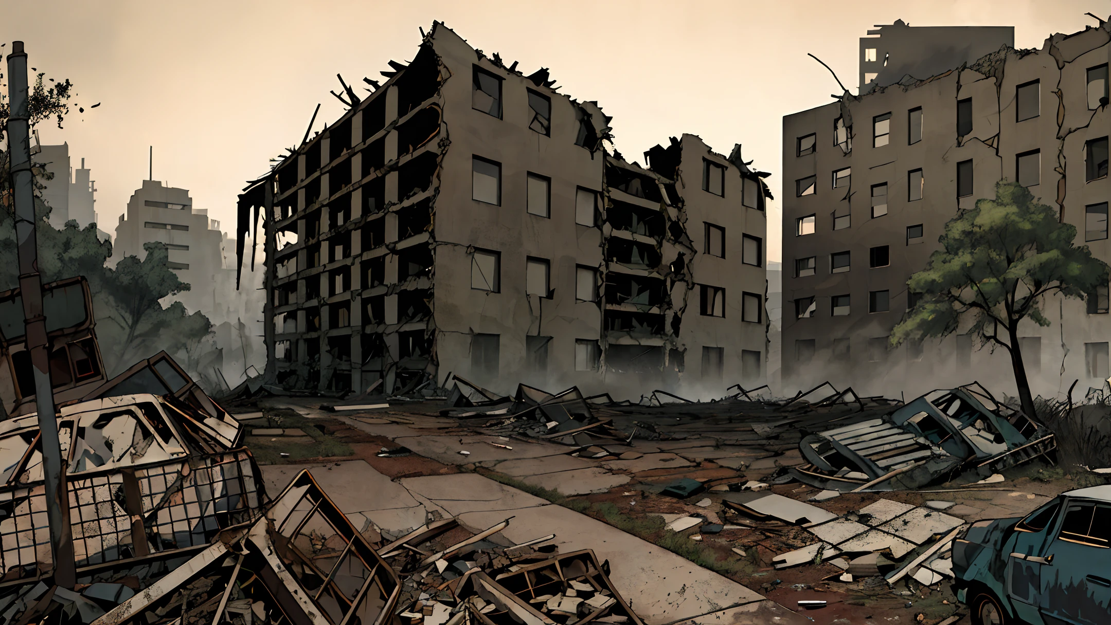 masterpiece, realistic, ultra detailed, absurdres, dynamic lighting, post-apocalypse, overgrown, no humans, night, darkness, building, collapse, dusty, asphalt, ruins, 50mm