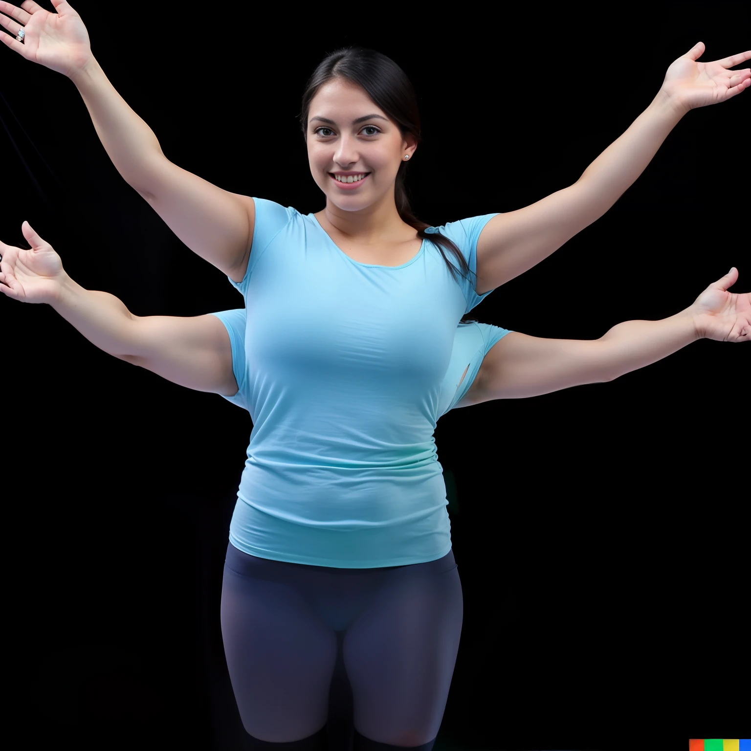 2heads, (extra arms:1.4), four arms, four identical size arms, black hair, (green eyes:1.5), smiling, 21 years old, colombian, lighter skin, smooth skin, curvy arms, four armpits, second pair of arms attached under first pair, identical faces, RAW photo, there are two women posing for a picture in a black background, beautiful gemini twins portrait, modeling for dulce and gabanna, upper body face shot, pose(arms up + happy), frontal pose, conjoined twins, middle body shot, beautiful highly symmetric faces, symmetrical pose, posing together in bra, posing with open arms, beautiful gemini twins, (high detailed skin:1.2), 8k uhd, dslr, soft lighting, high quality, film grain, Fujifilm XT3