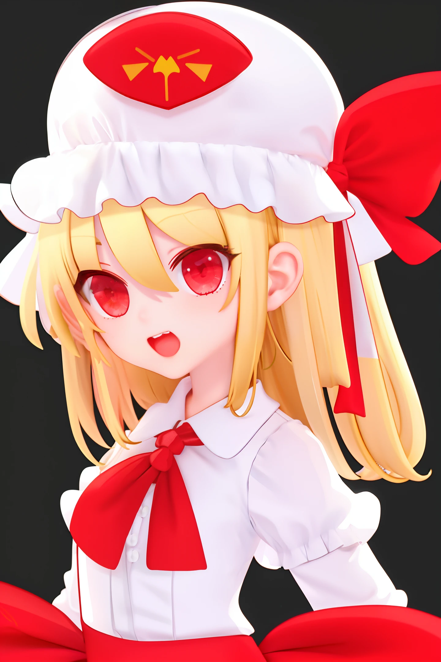 skistyle, 1girl, flandre scarlet, blonde hair, hat, mob cap, red vest, wings, yellow ascot, vest, red eyes, ascot, solo, short sleeves, puffy short sleeves, shirt, puffy sleeves, fang, white shirt, crystal, one side up, white background, simple background, upper body, collared shirt, frills, medium hair, pointy ears, white headwear, open mouth, frilled shirt collar, ribbon, frilled sleeves, hat ribbon, red ribbon, bow, red bow