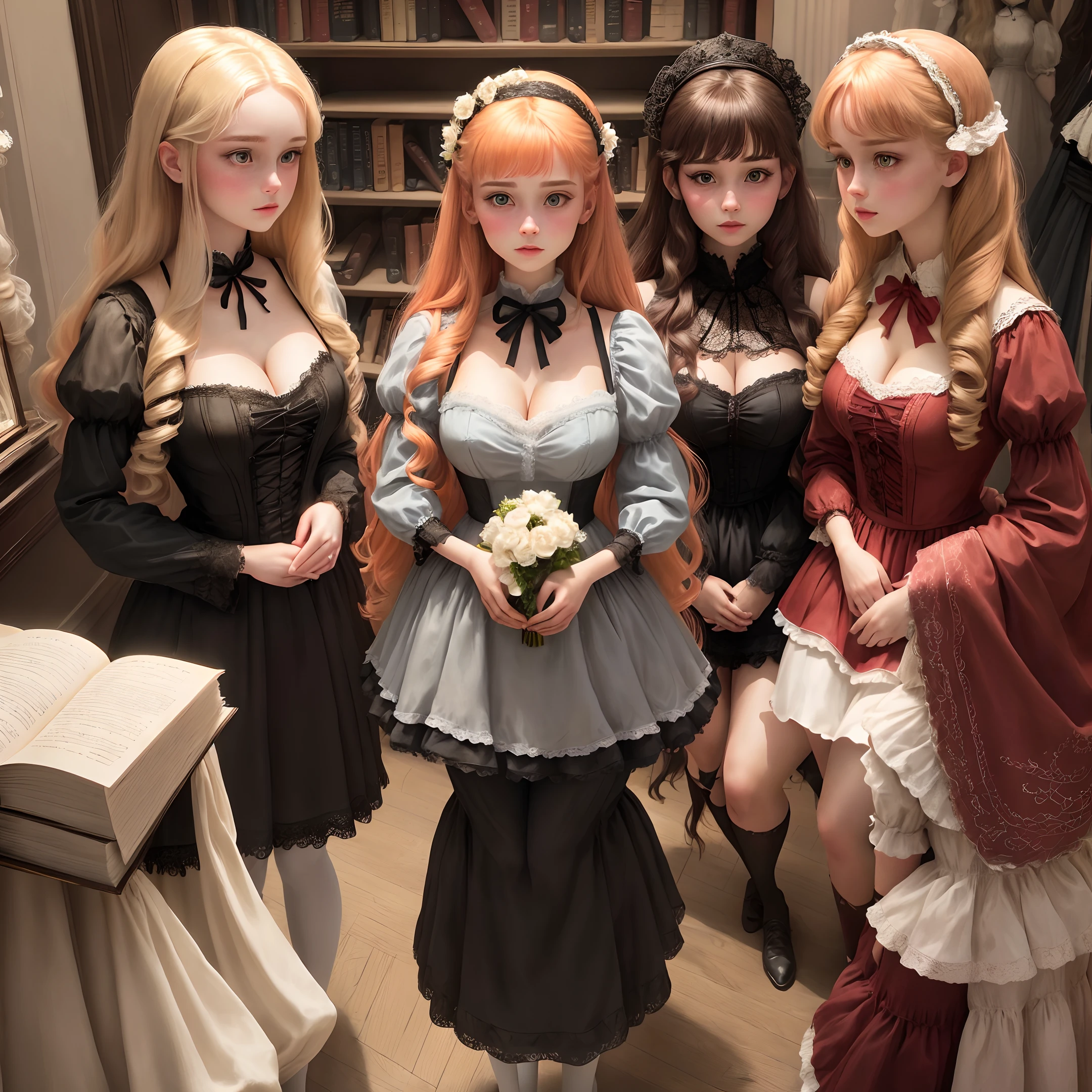 five human sized dolls looking like young women, lined up, on display against a bookcase full of books, in a mansion, cleavage, short skirts, wearing doll clothing, wearing doll makeup, fine details, realistic noses, beautiful eyes, realistic faces, blank expressions, looking straight ahead, blonde hair, brown hair, black hair, red hair, enchanting, soft lighting, hands at their sides