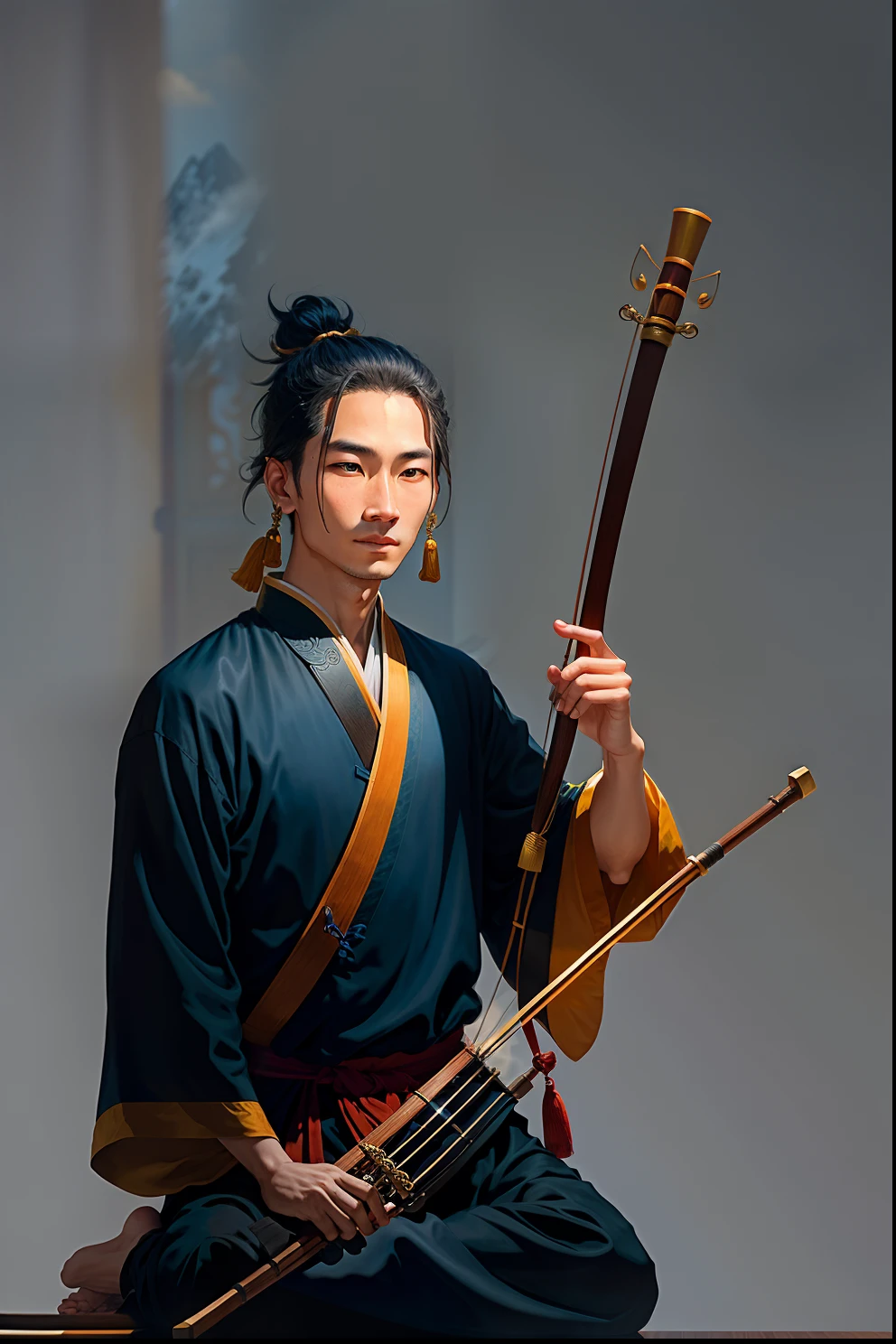 A young male Taoist with his hair tied up, he has a European face. He is holding an erhu in his hand and playing it. Behind him is a shining golden mountain.