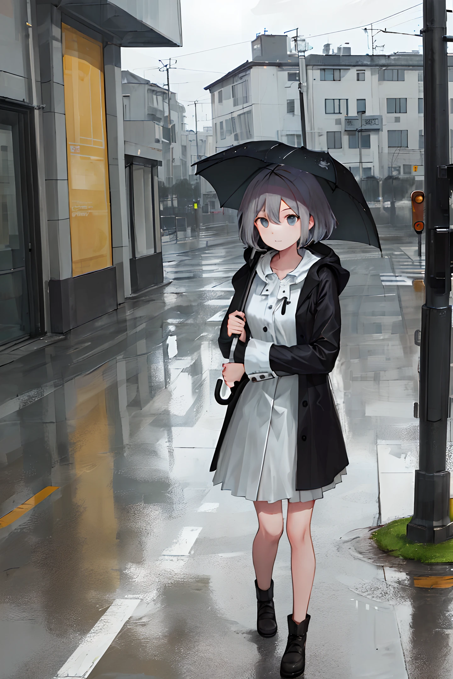 ((masterpiece,best quality)), 1girl, solo, rain, umbrella, dark clouds, city (people), a girl walking through the rain using an umbrella, raincoat