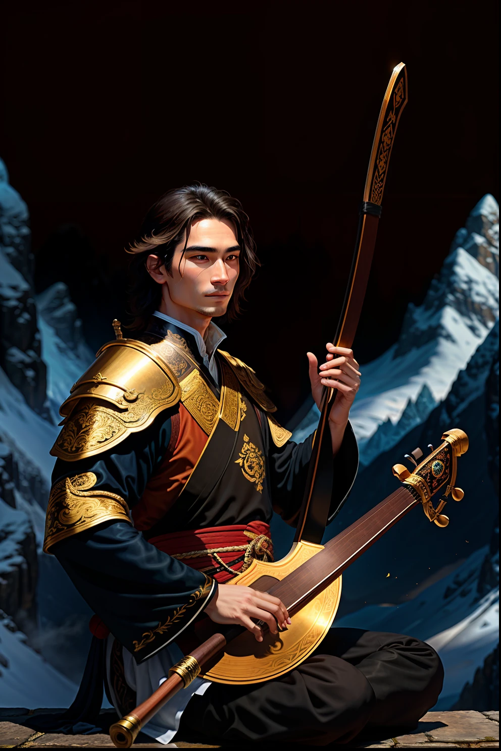 

He is a young male Taoist with hair and a long European face.

He was playing with an erhu in his hand. He was playing with an erhu in his hand.

He's very good-looking.

He was wearing leather armor.

He's a bard.

He's a bard.

He's a bard.

The background behind him is a mountain, and the background is pure gold, not white.
