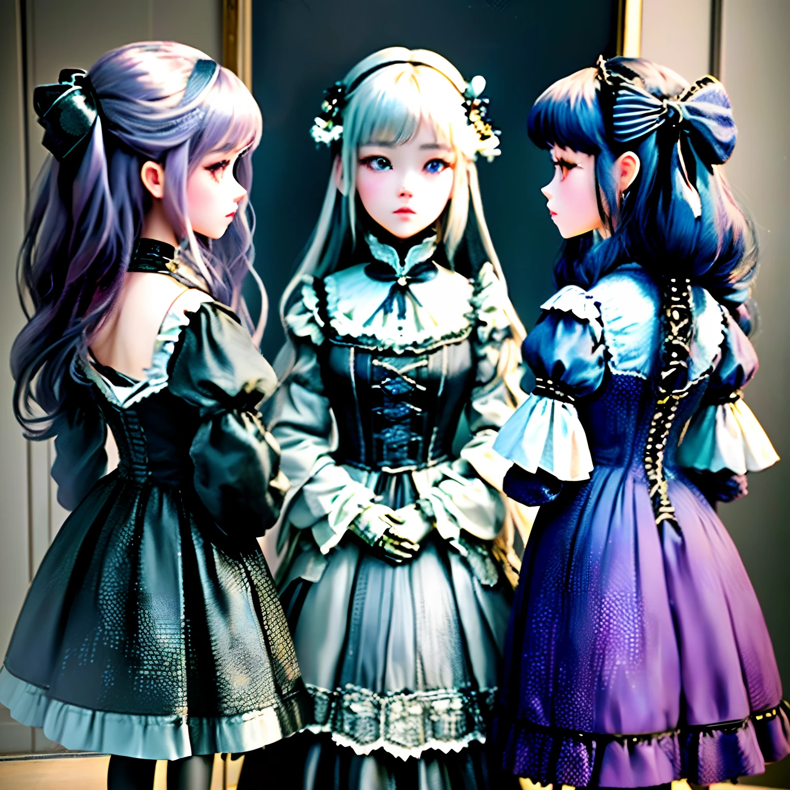 several dolls of different colors are posed in a row, several dolls in one photo, perfect android girl family, ball jointed doll, guweiz masterpiece, artwork in the style of guweiz, plastic doll, artdoll, victorian gothic ta fashion, dollpunk, fairycore, inspired by Mark Ryden, fantastic realism, perfect android girl family, guweiz masterpiece, artwork in the style of guweiz, women in dresses standing next to each other in a room, ddlc, dollfie dream, luts, skydoll noa, a picture inspired by Tommaso Dolabella, trending on cg society, rococo, ddlc